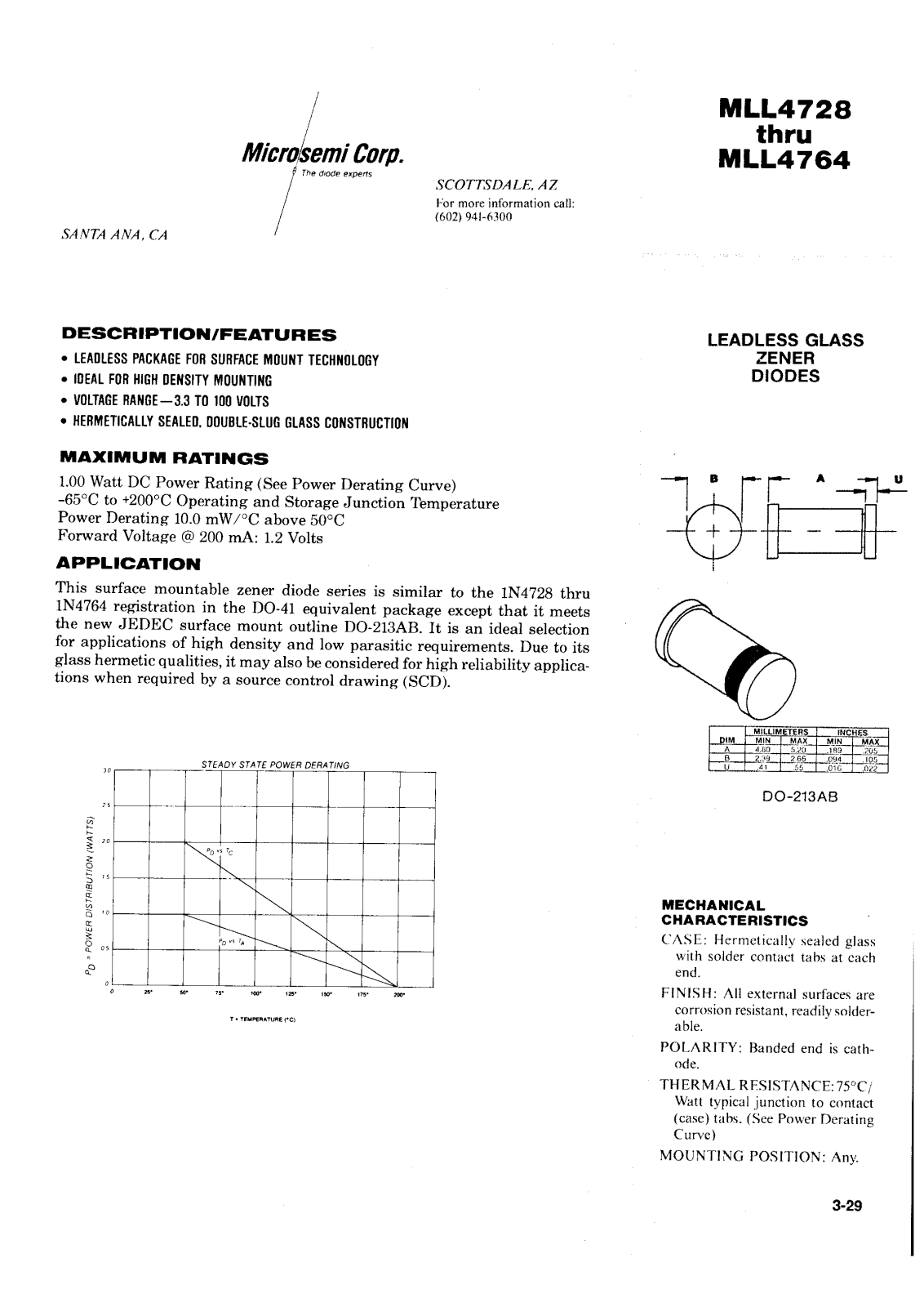 Microsemi Corporation MLL4763A, MLL4763A-1, MLL4764A-1, MLL4762A-1, MLL4761A Datasheet