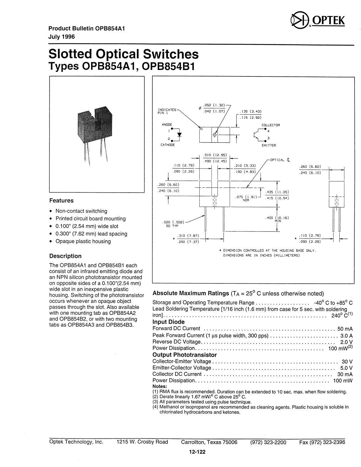 Datasheet OPB854A1, OPB854B1 Datasheet (OPTEK) - ManualMachine.com