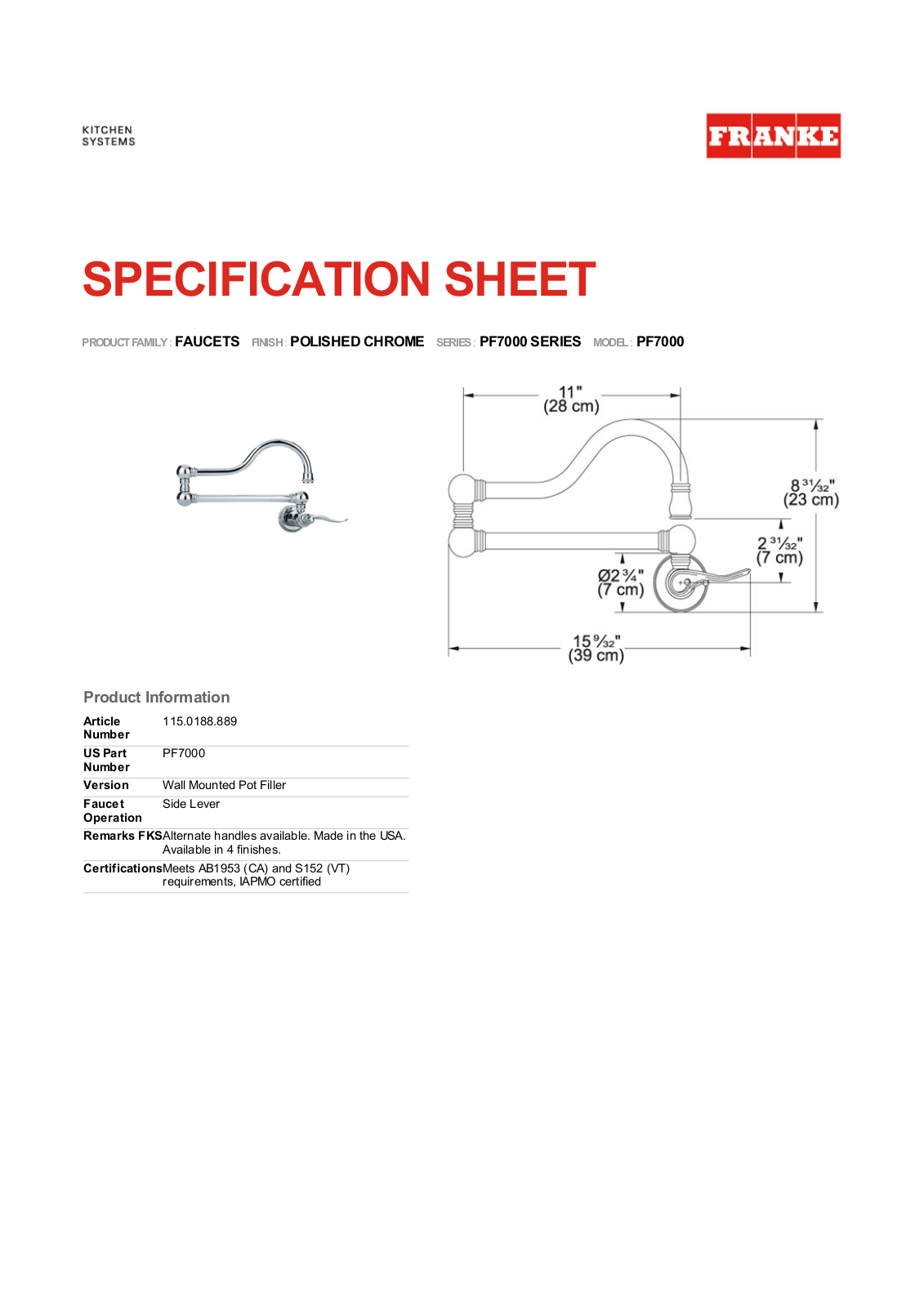 Franke Foodservice PF7000 User Manual