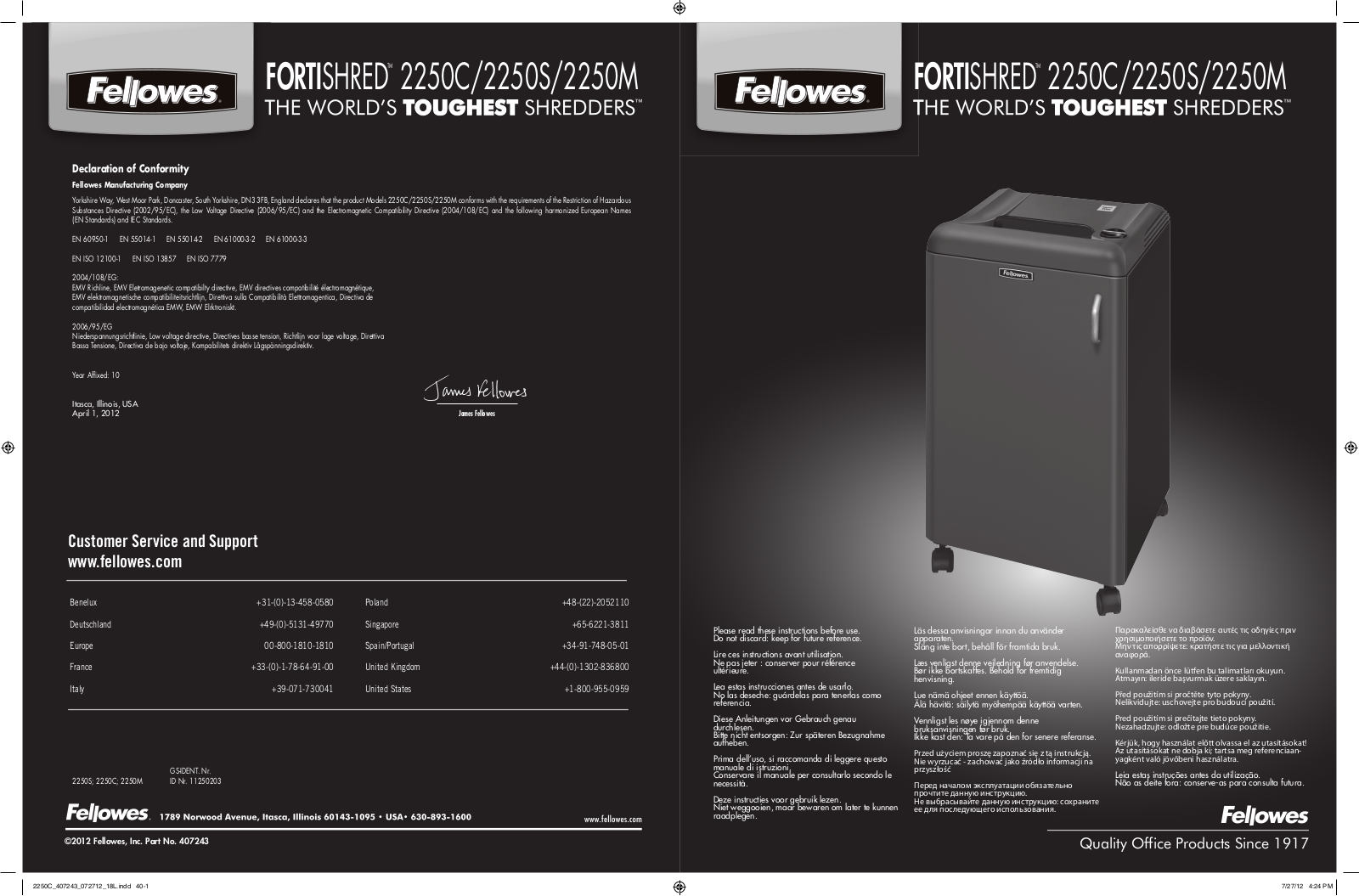 Fellowes Fortishred 2250S, Fortishred 2250C, Fortishred 2250M User Manual