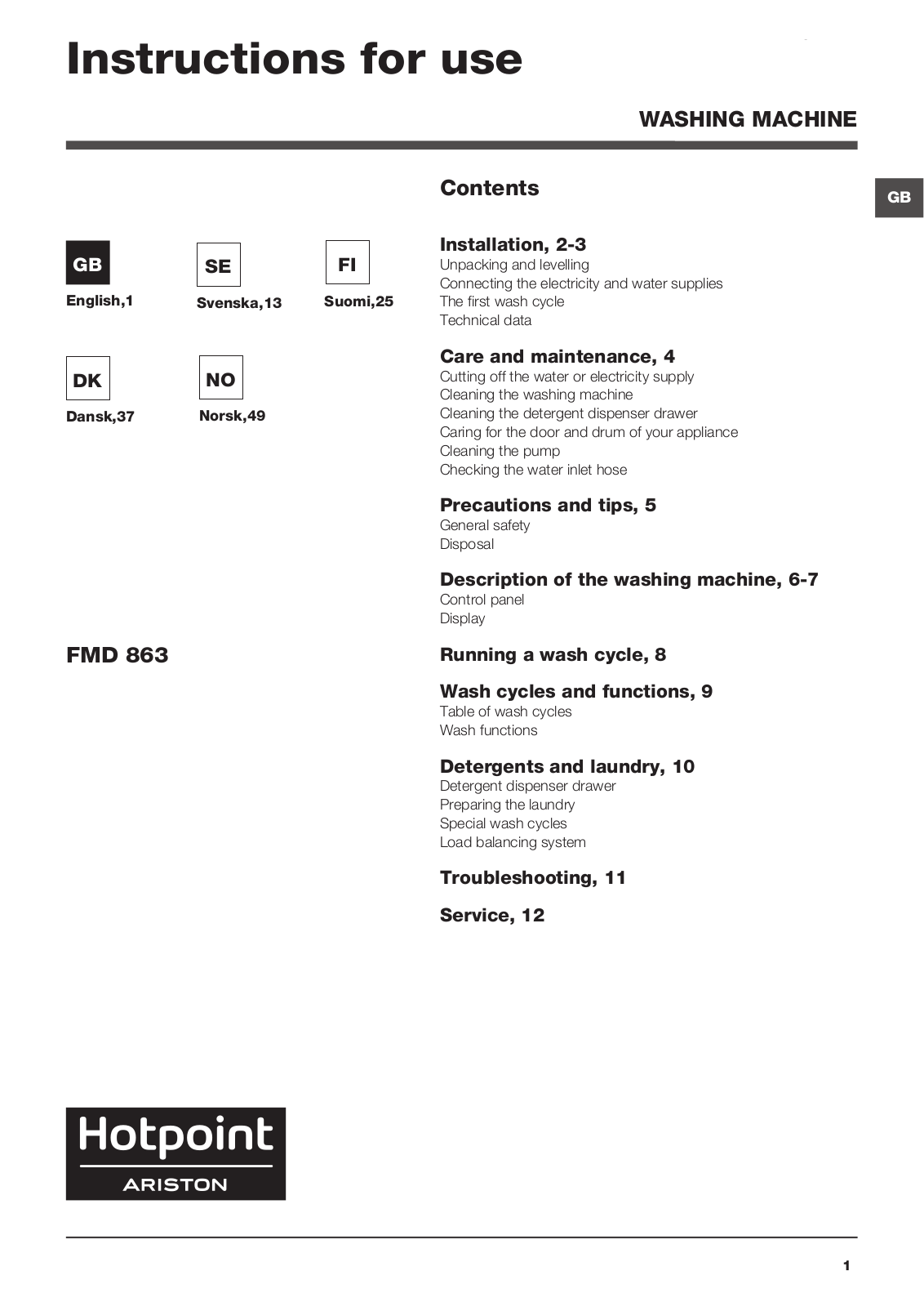 HOTPOINT/ARISTON FMD 863 SK User Manual