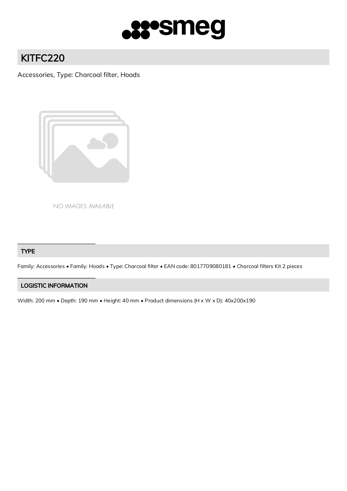 Smeg KITFC220 Technical sheet