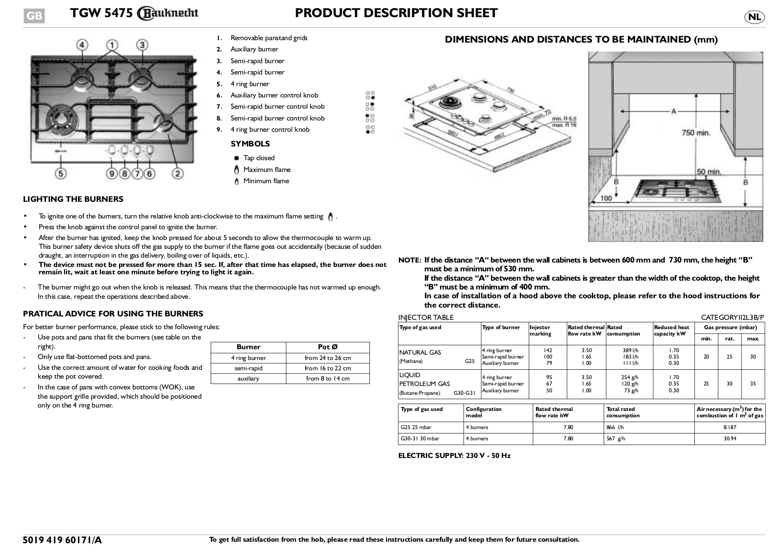 Whirlpool TGW 5475/IN/01, TGW 5475/PT, TGW 5475 IN INSTRUCTION FOR USE