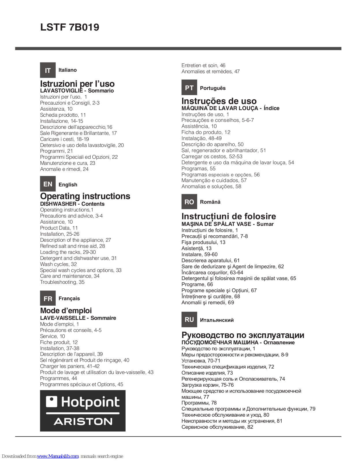 Hotpoint Ariston LSTF 7B019 Operating Instructions Manual