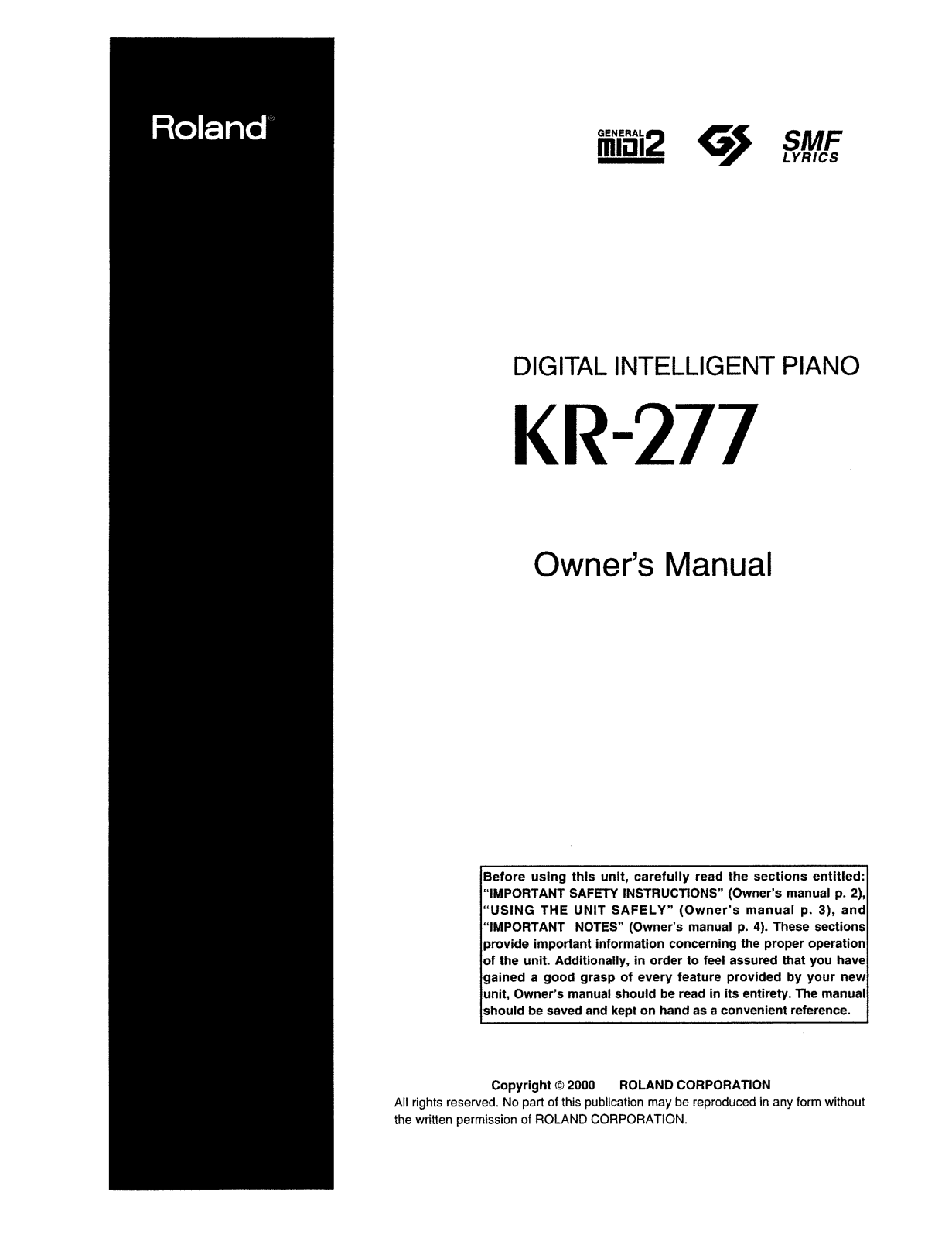 Roland Corporation KR-277 Owner's Manual