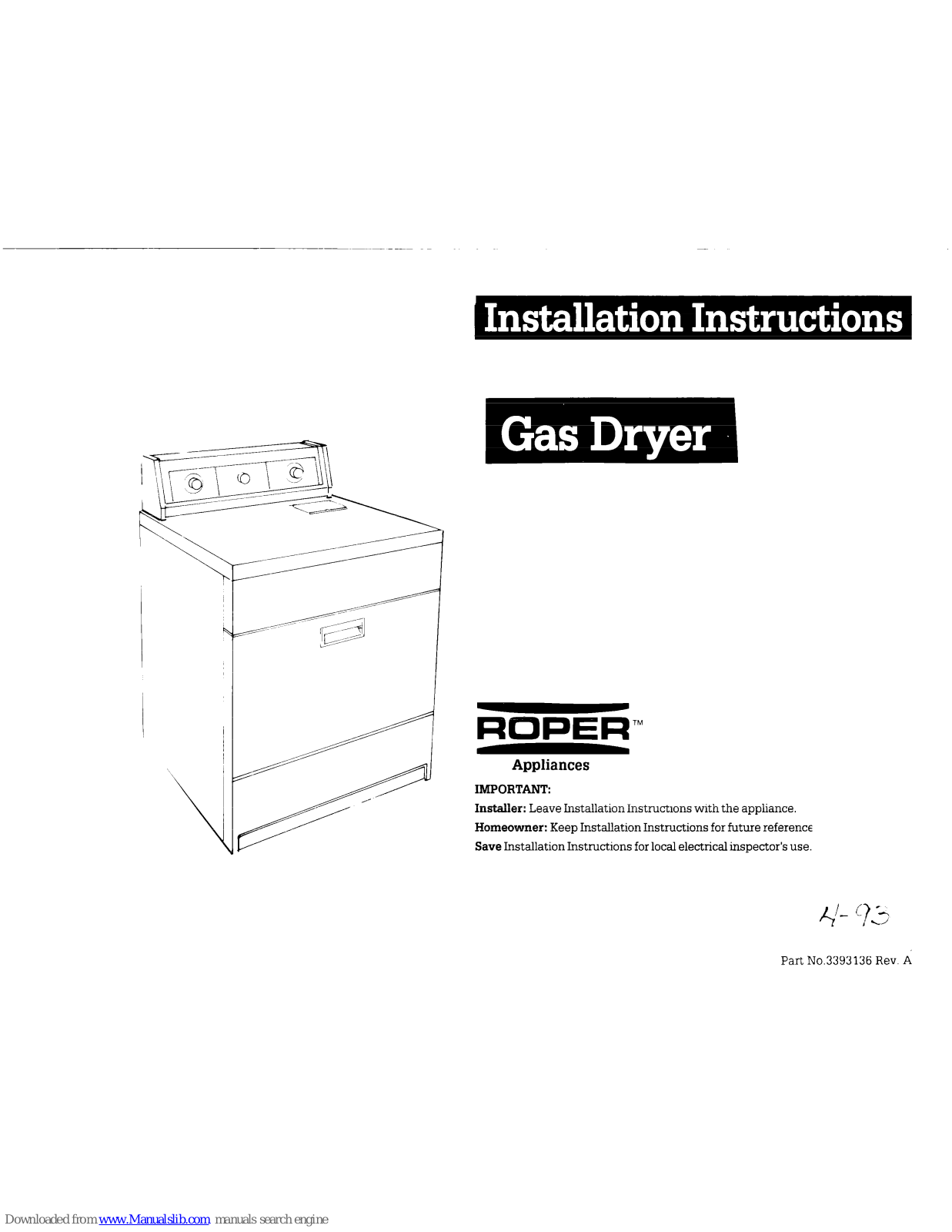 Roper Gas dryer Installation Instructions Manual - ManualMachine.com