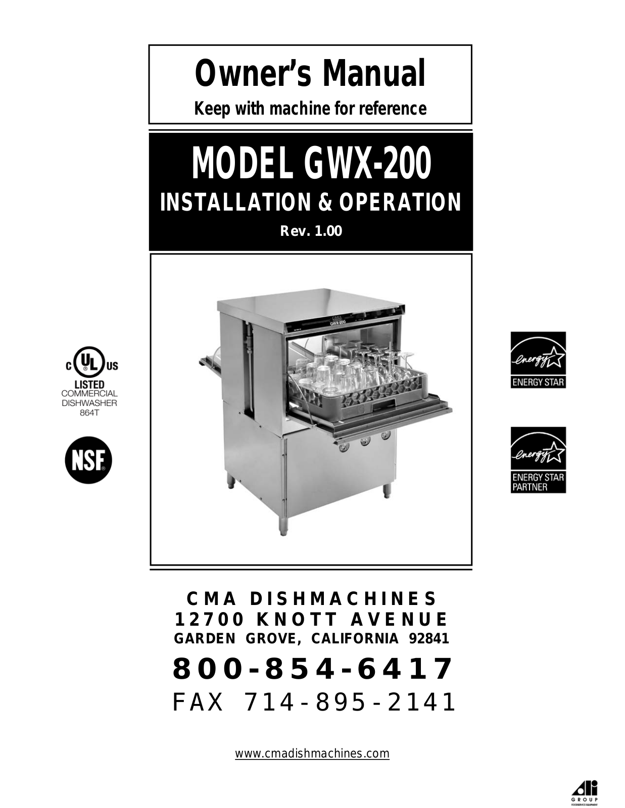 CMA Dish Machines GWX-200 Owner’s Manual