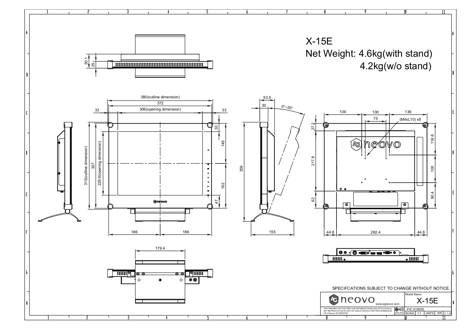 AG neovo X-15E, X-17E, X-19E Dimensional drawing