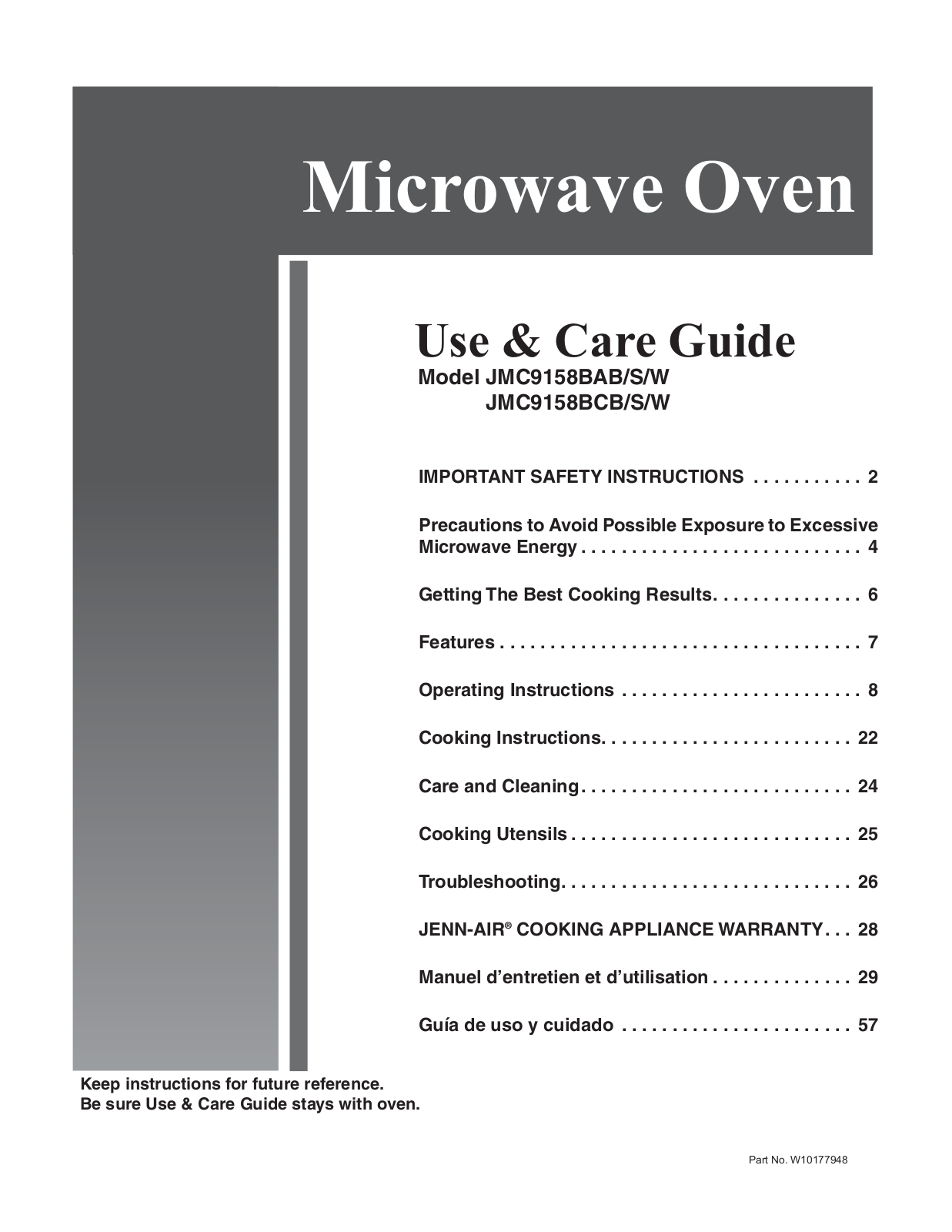 JENN-AIR JMC9158BAB, JMC9158BAS, JMC9158BAW, JMC9158BCB, JMC9158BCS Owner's Manual