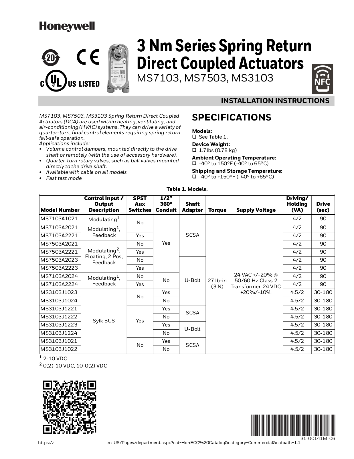 Honeywell MS7103, MS7503, MS3103 Installation Instructions