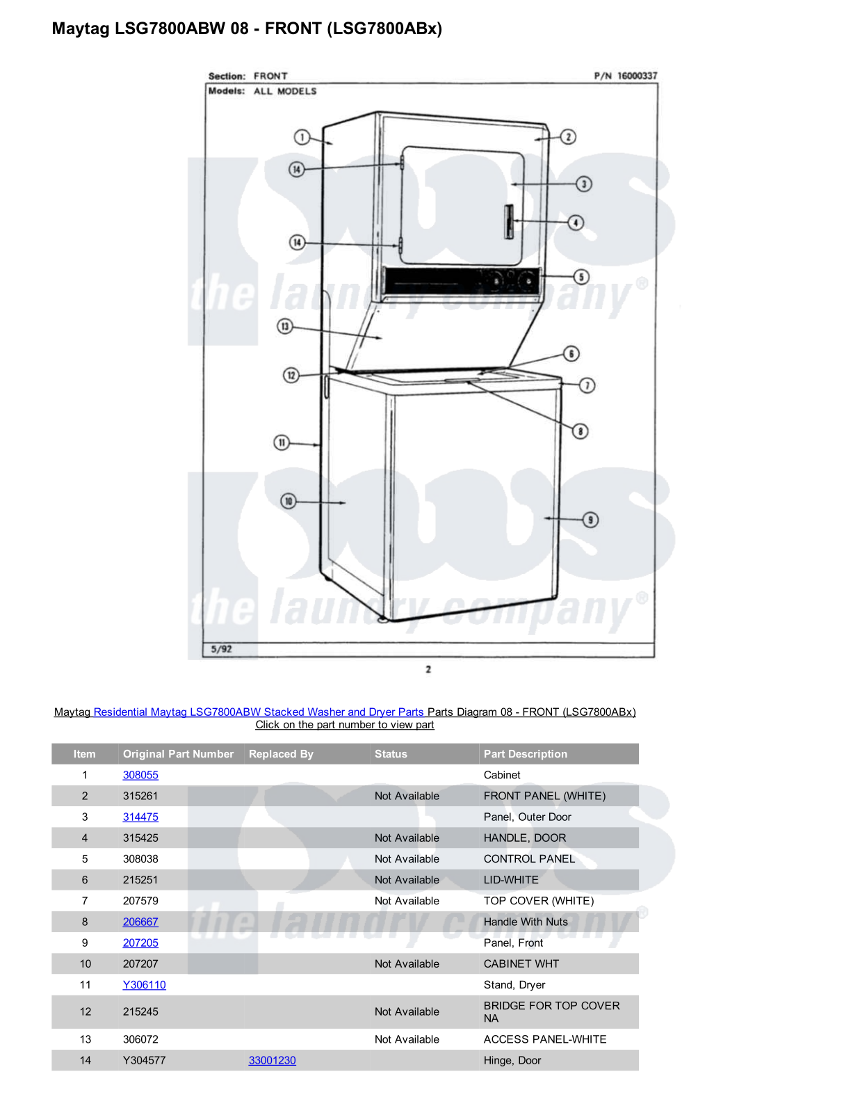 Maytag LSG7800ABW Stacked and Parts Diagram