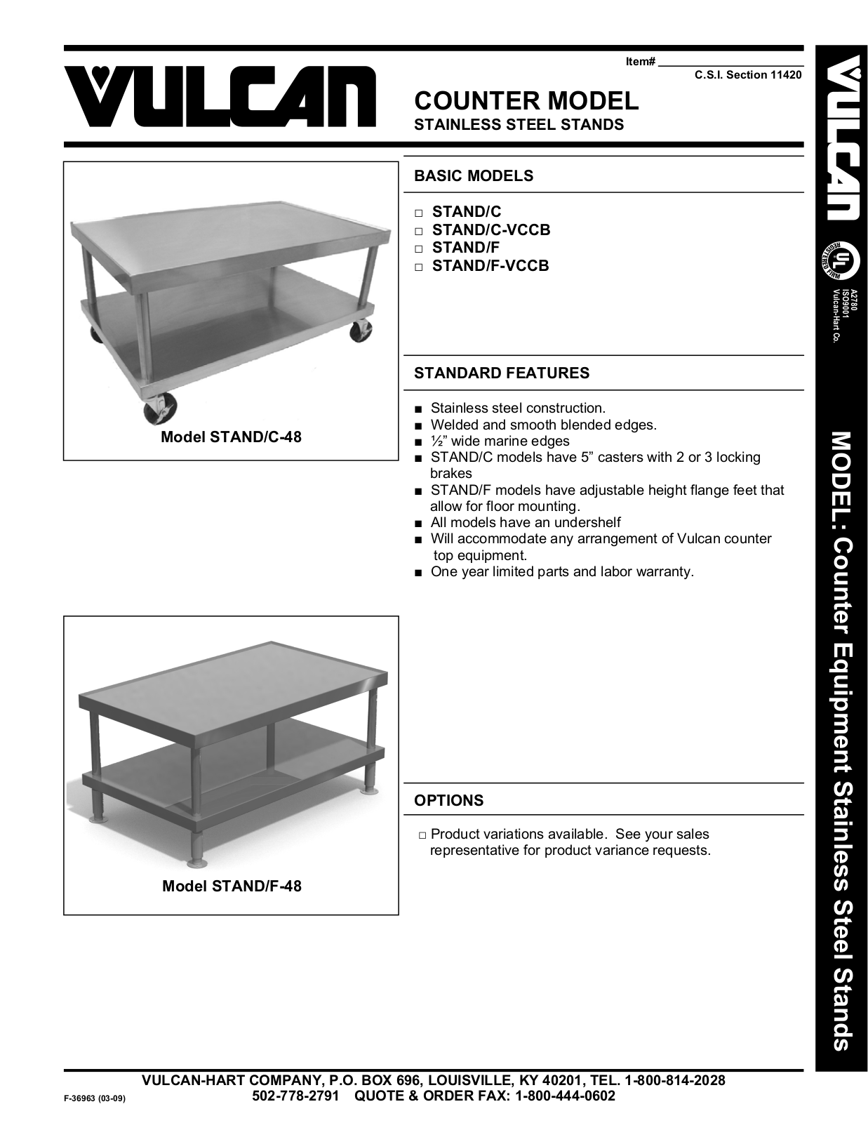 Vulcan Hart STAND/C-VCCB, STAND/F, STAND/F-VCCB General Manual