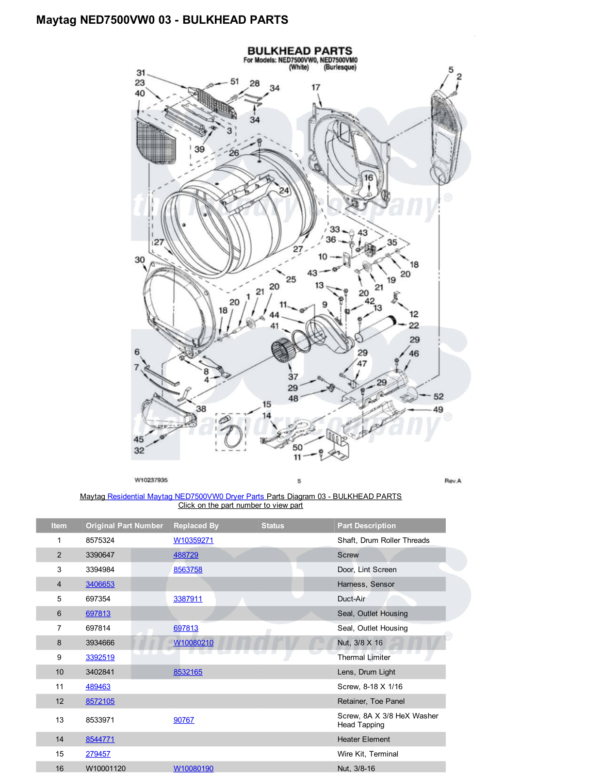 Maytag NED7500VW0 Parts Diagram