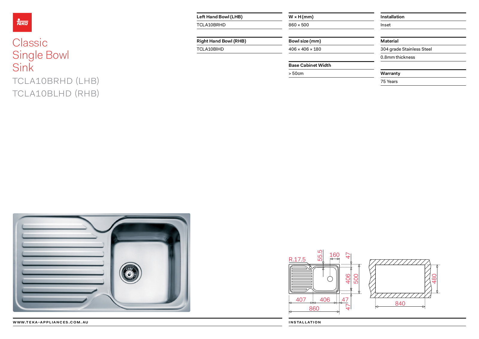 Teka TCLA10BRHD Specifications Sheet