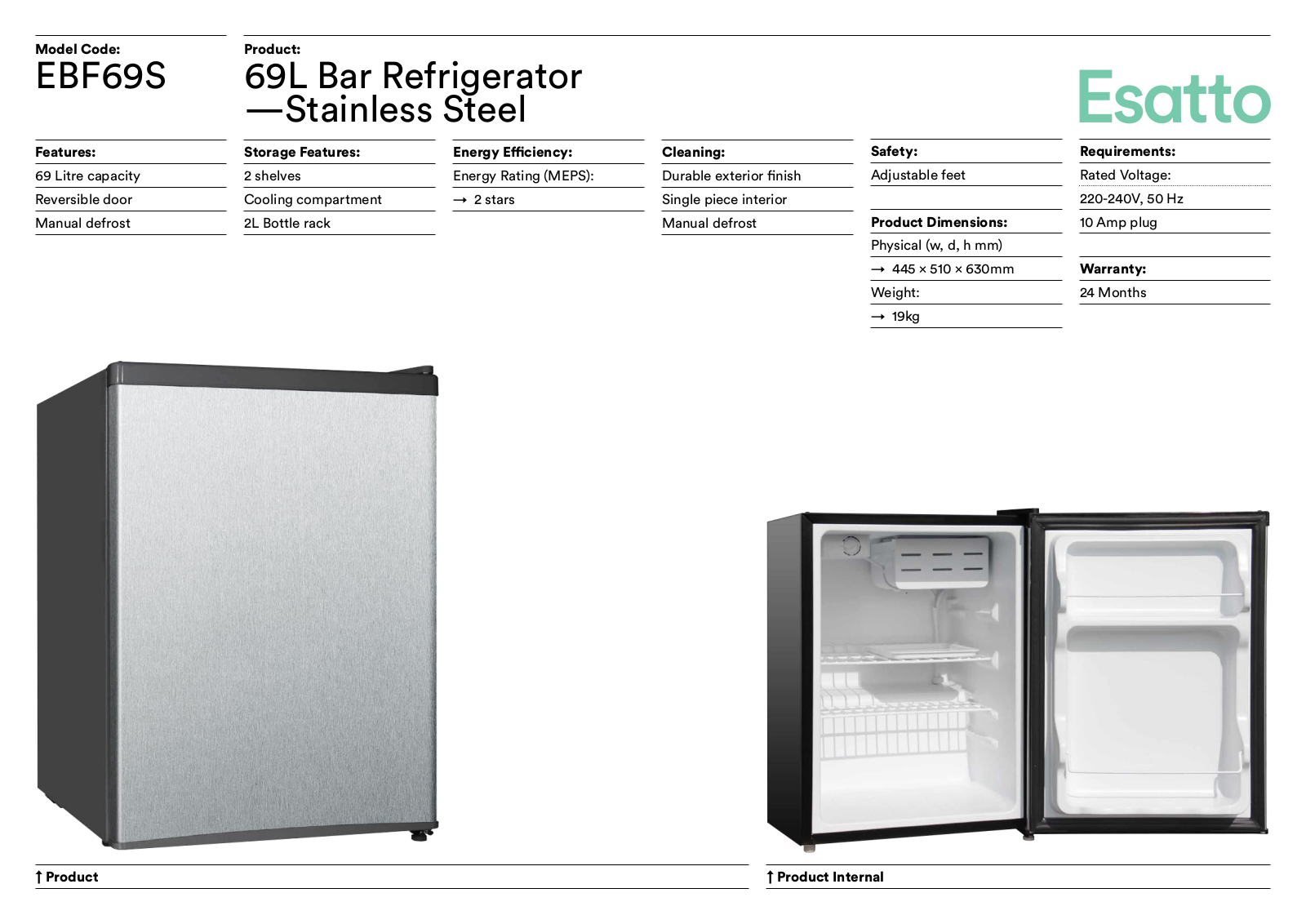 Esatto EBF69S Specifications Sheet