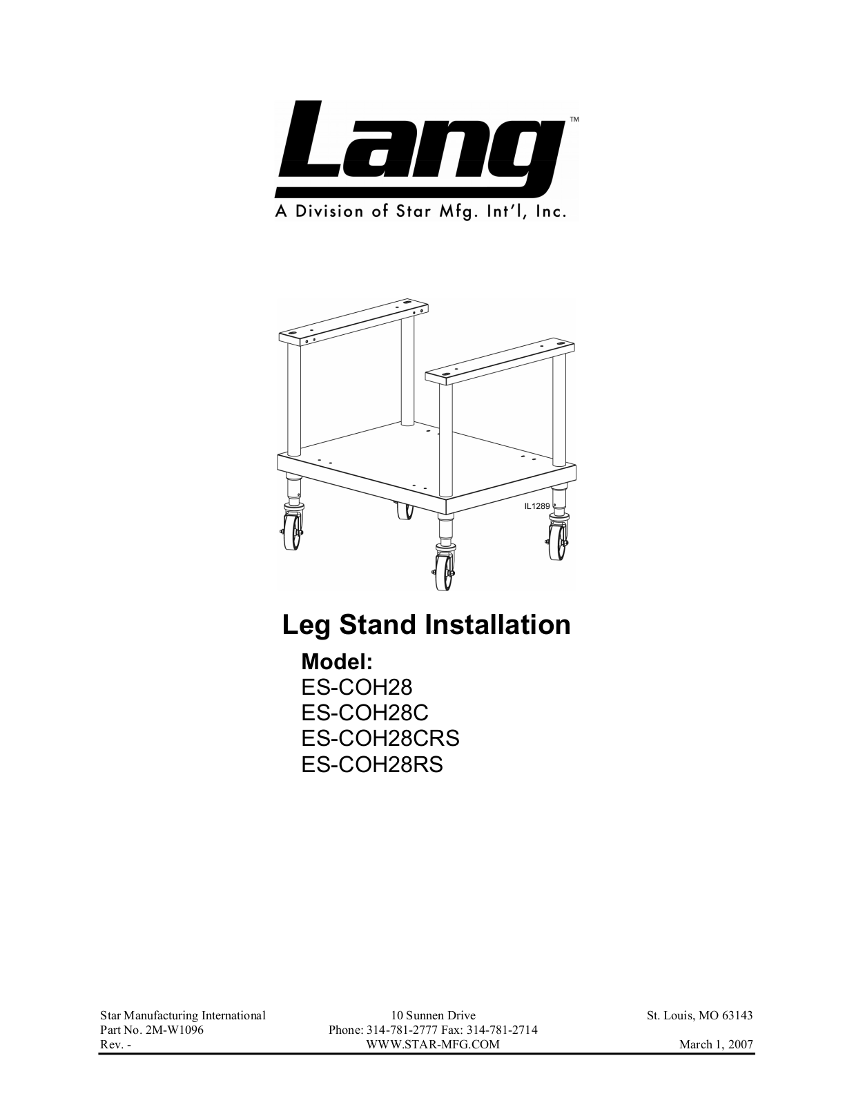 Lang Manufacturing ES-COH28C Installation  Manual