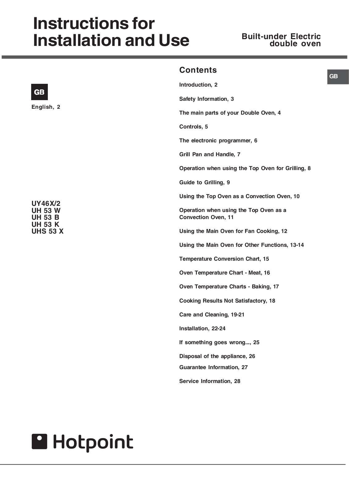 Hotpoint UH 53 B, UH 53 W, UH 53 K, UHS 53 X User Manual