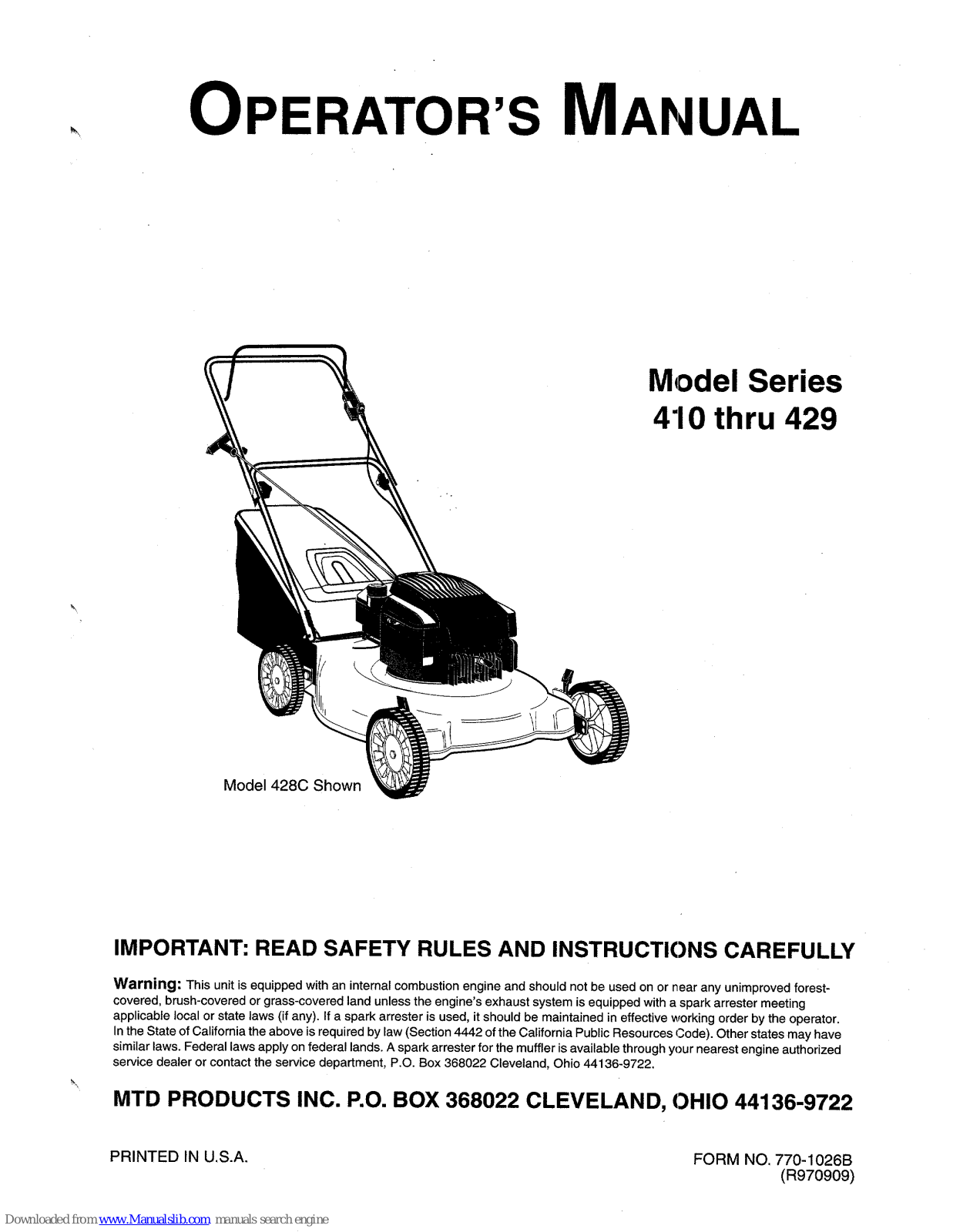 MTD 410 through 429 Operator's Manual