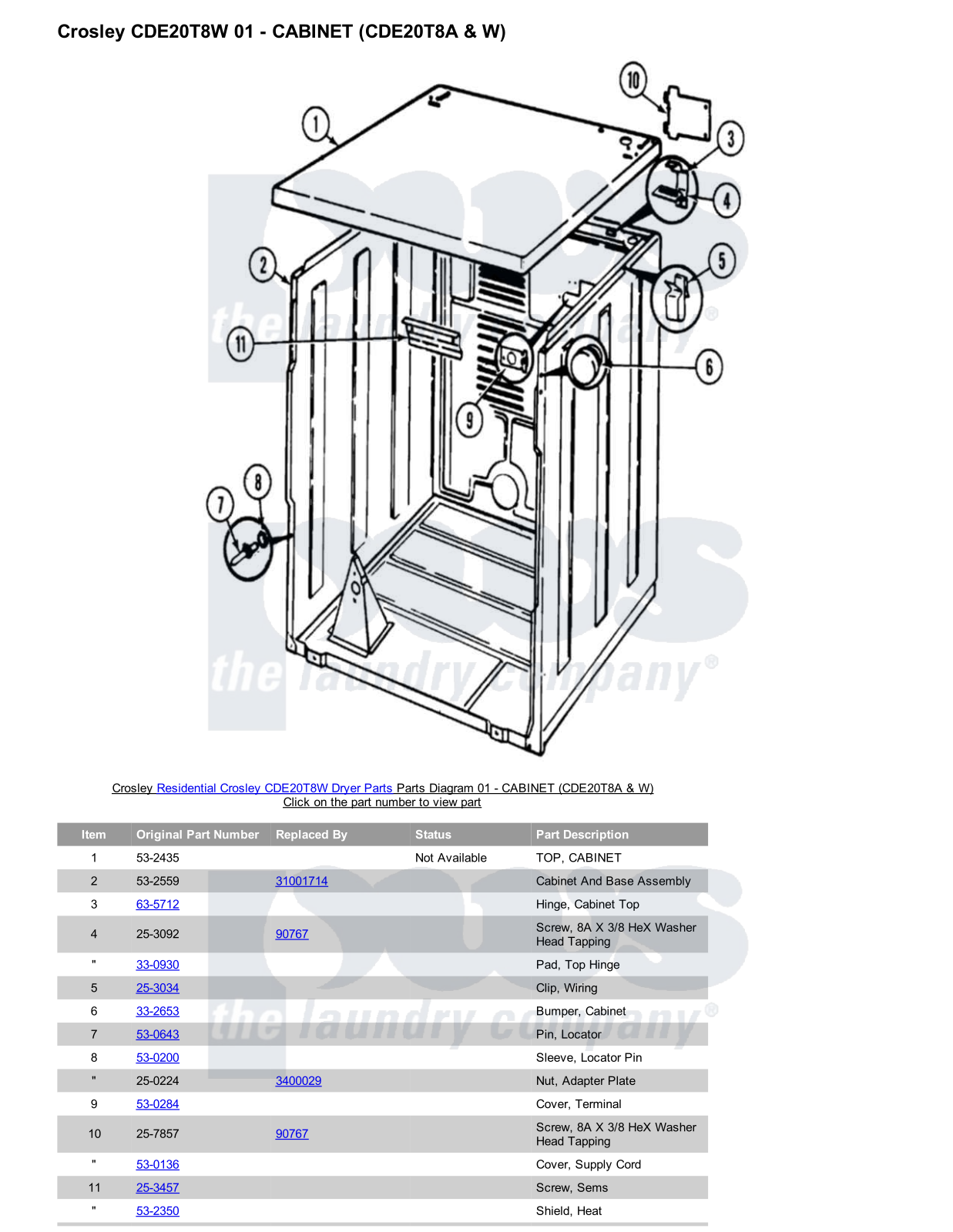 Crosley CDE20T8W Parts Diagram