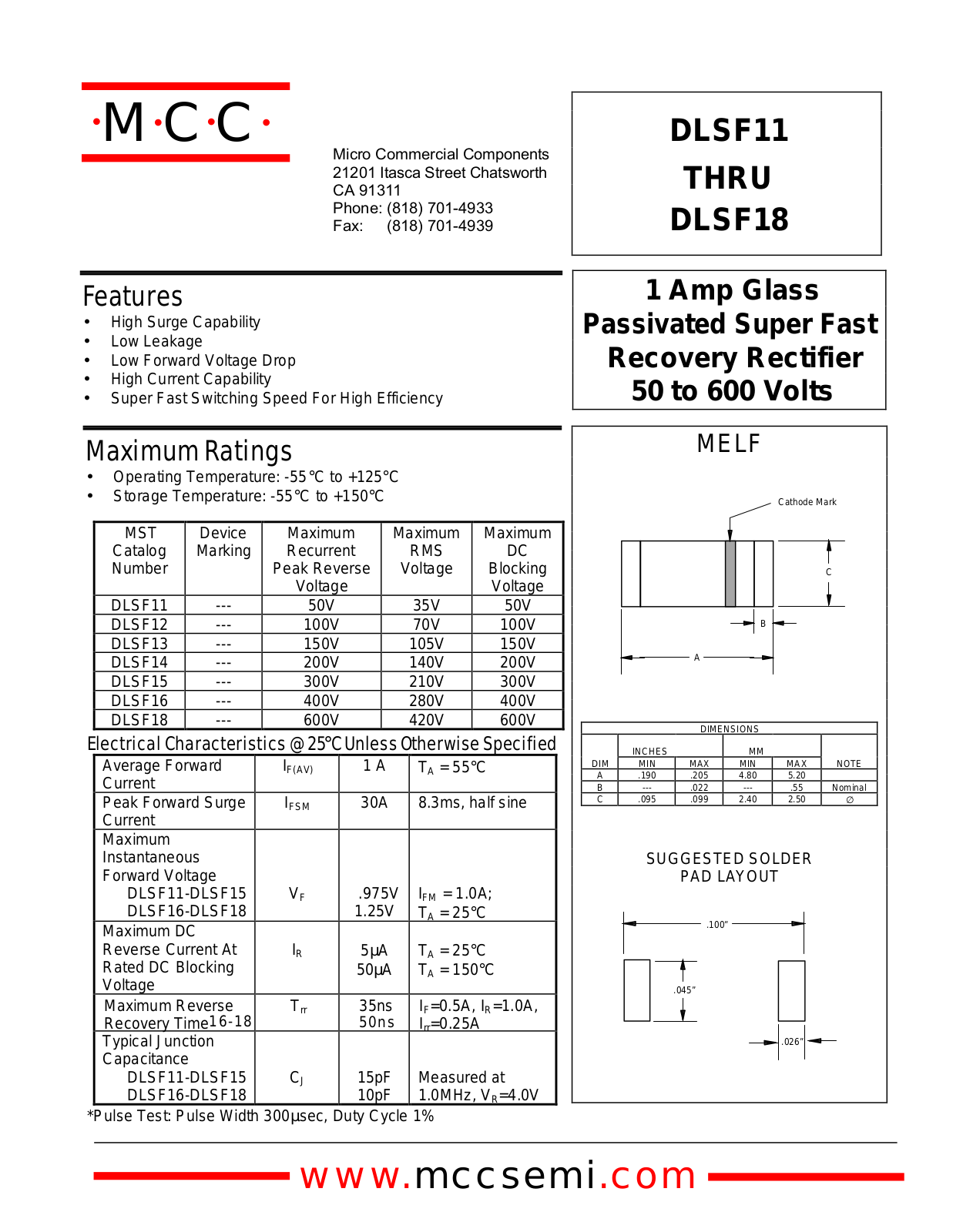 MCC DLSF18, DLSF16, DLSF14, DLSF13, DLSF12 Datasheet