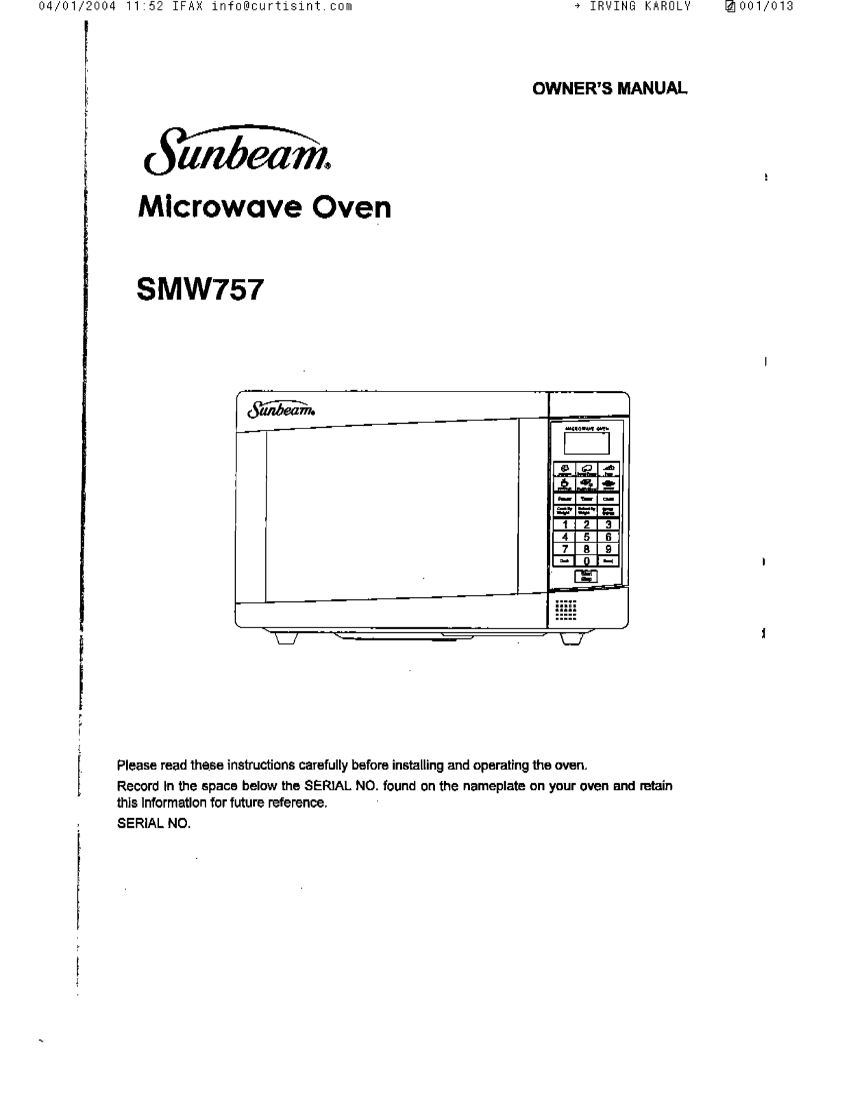 Sunbeam SMW757 Owner's Manual