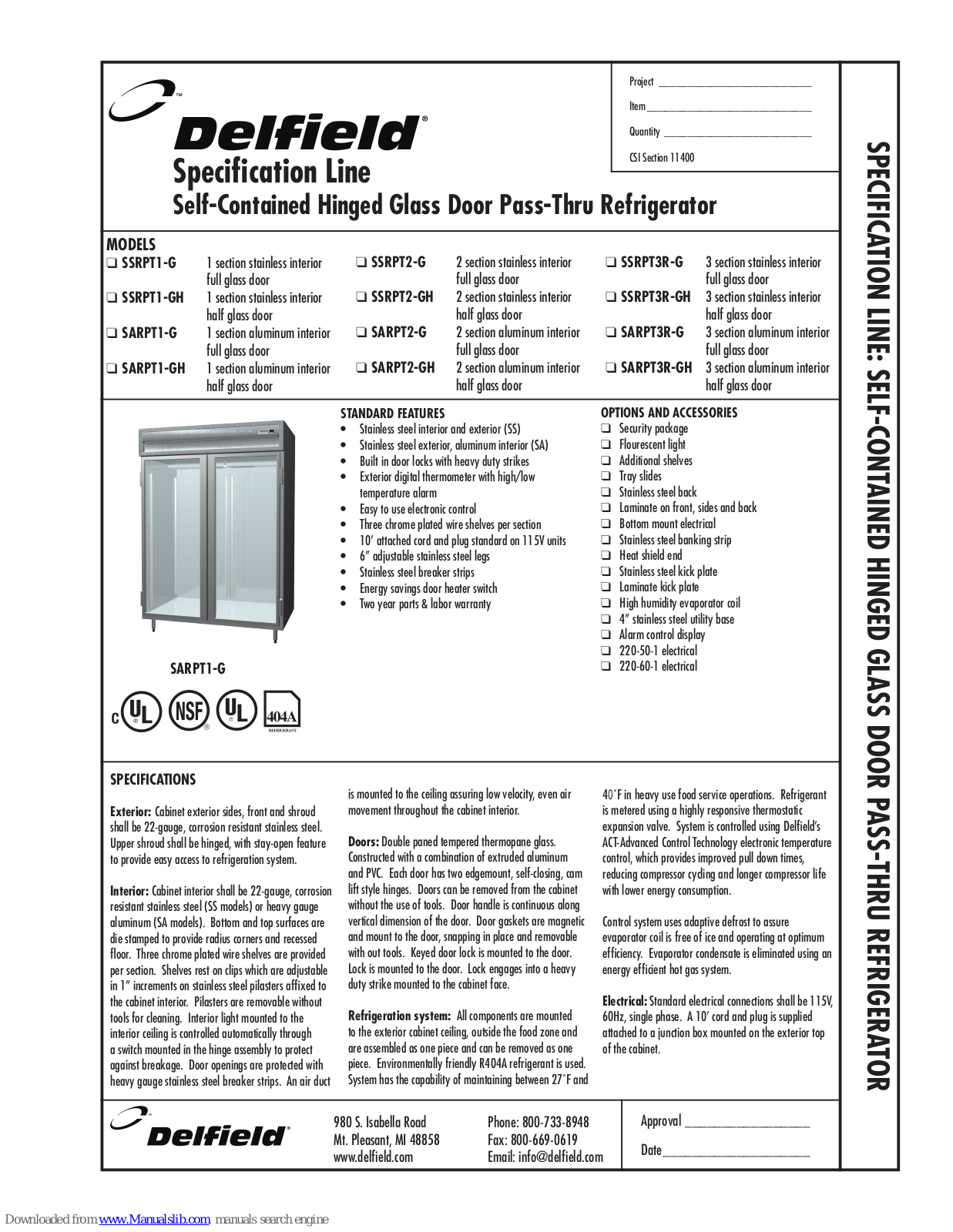 Delfield SARPT1-G, SARPT1-GH, SARPT2-G, SARPT2-GH, SARPT3R-G Specifications