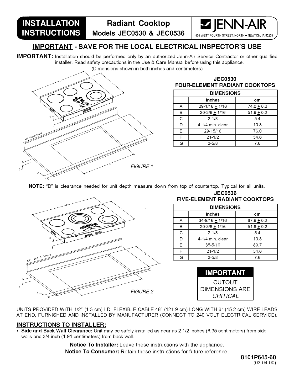 Jenn-Air JEC0530ADB, JEC0530ADB13, JEC0530ADB14, JEC0530ADS, JEC0530ADS13 Installation Guide - ManualMachine.com