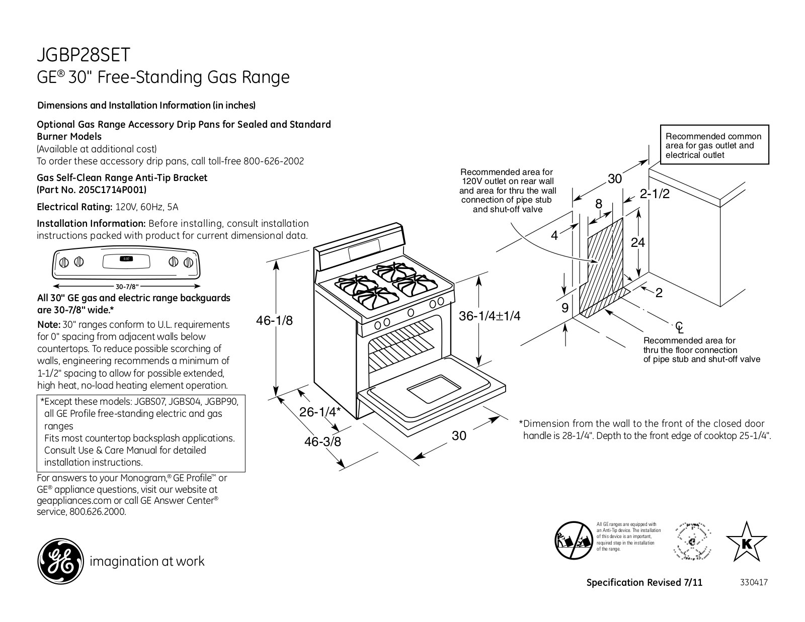 GE JGBP28SET Specification