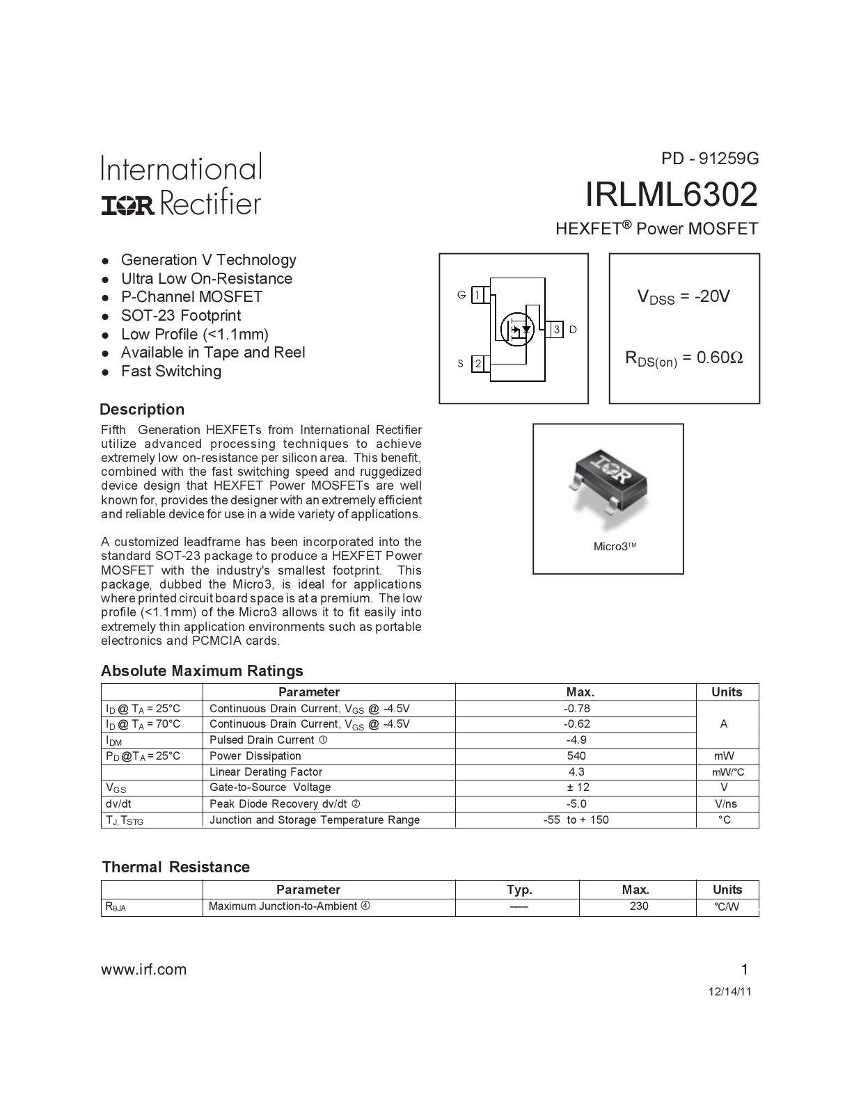 Datasheet IRLML6302 Datasheet (IRF) - ManualMachine.com