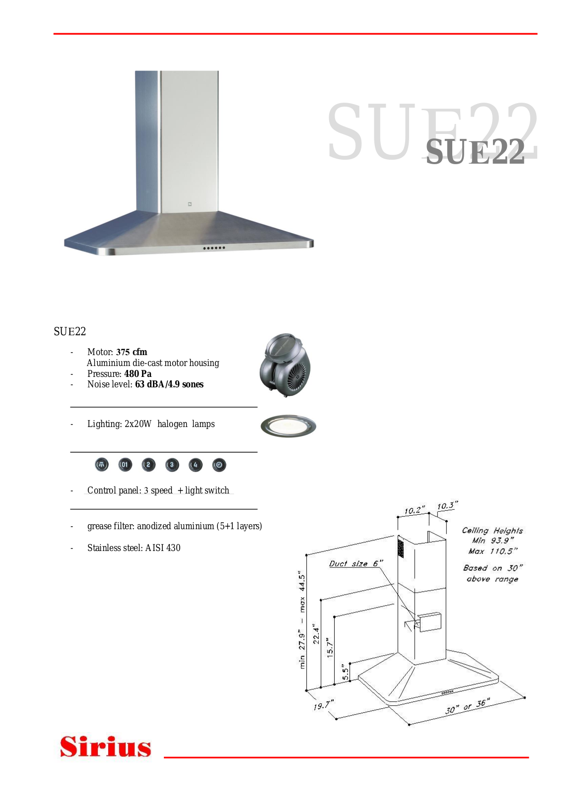 Sirius SUE2236, SUE2230 Specifications