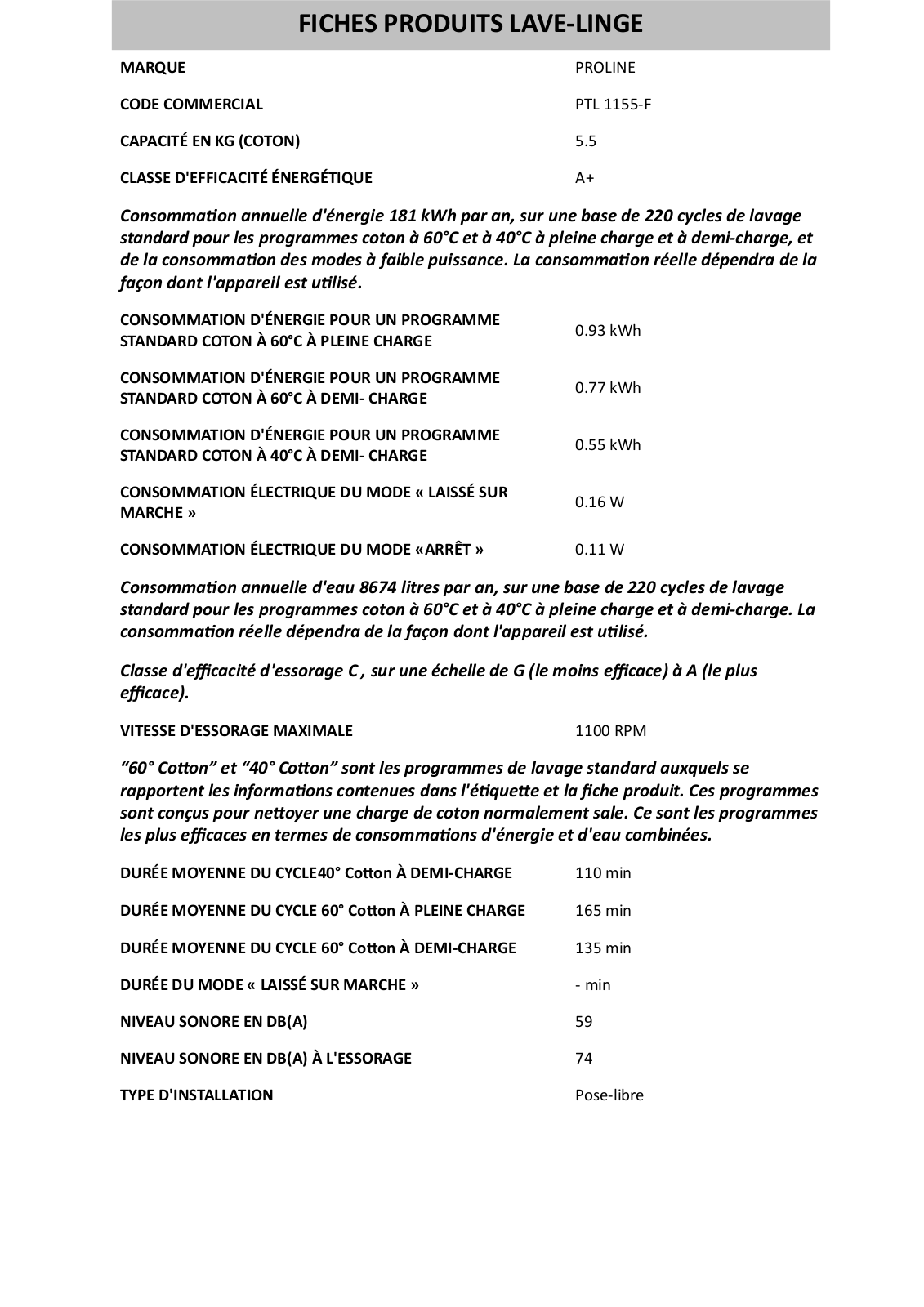 Whirlpool PTL 1155-F PRODUCT SHEET