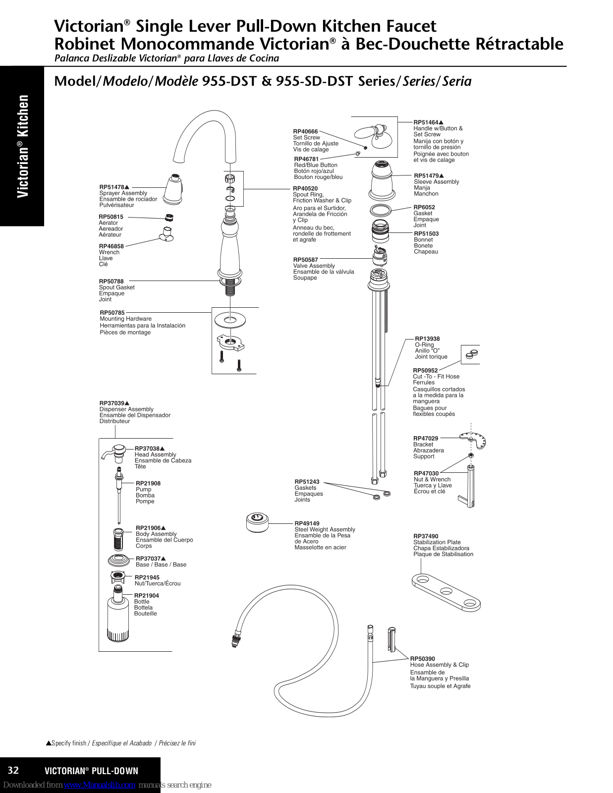 Delta Victorian 955-DST Series, Victorian 955-SD-DST Series Parts List