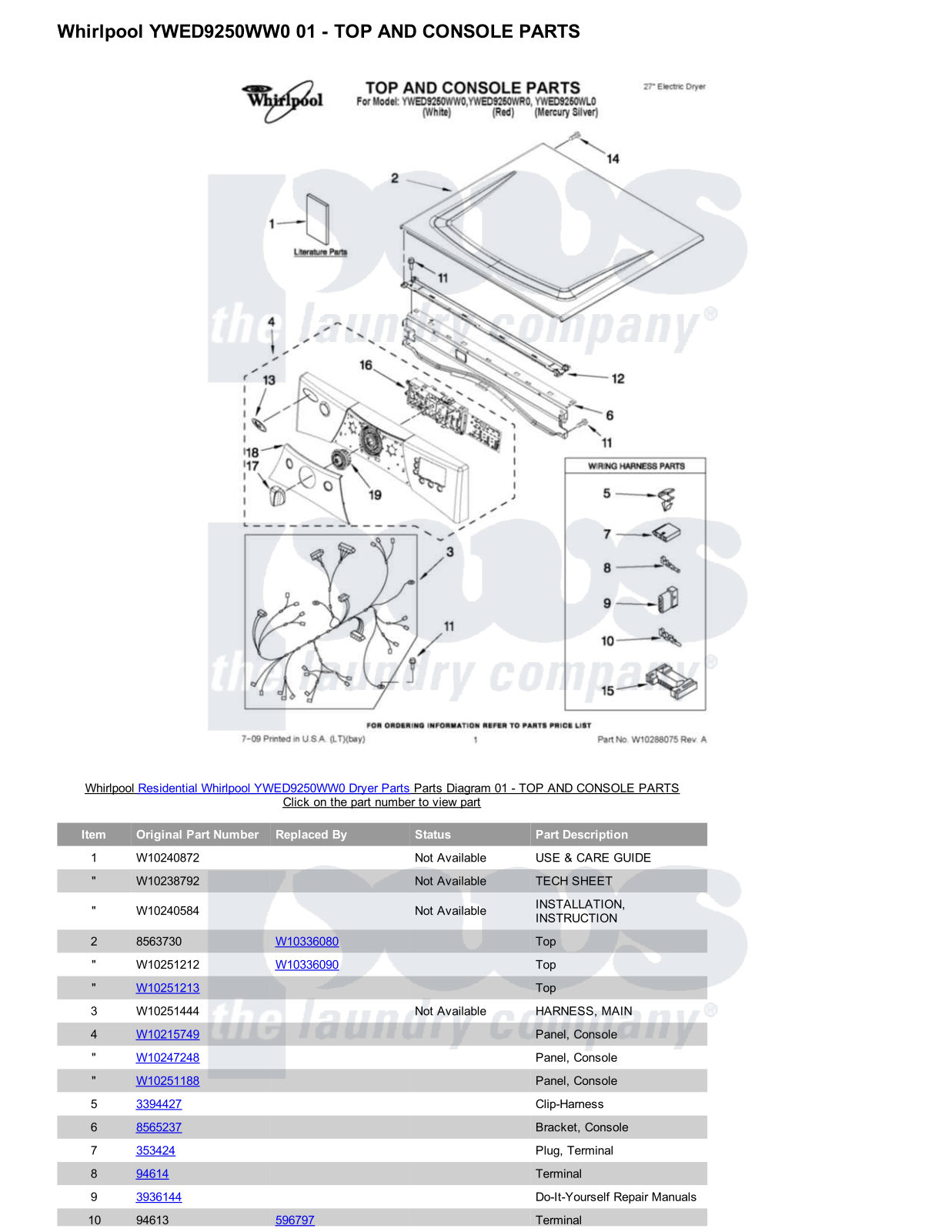 Whirlpool YWED9250WW0 Parts Diagram