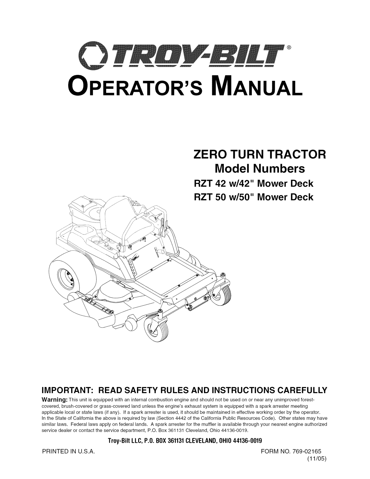 Troybilt RZT50, RZT42, 17AA5ABP766, 17AA5AAG766 Owner’s Manual