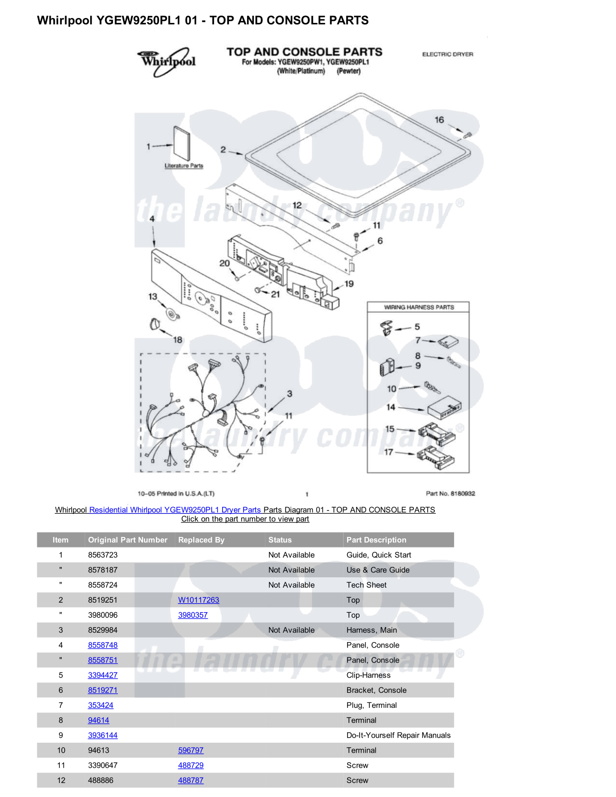 Whirlpool YGEW9250PL1 Parts Diagram