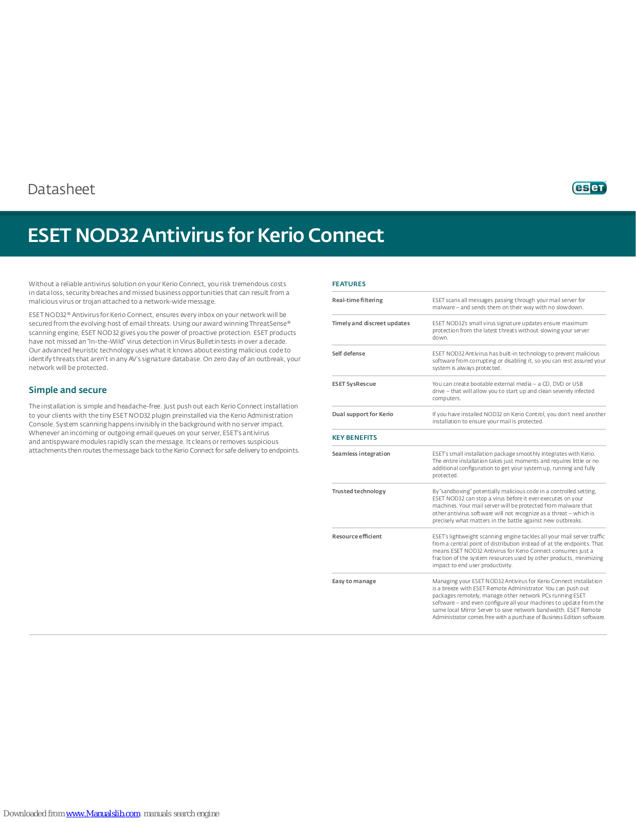 ESET NOD32 ANTIVIRUS - DATASHEET FOR KERIO CONNECT Datasheet