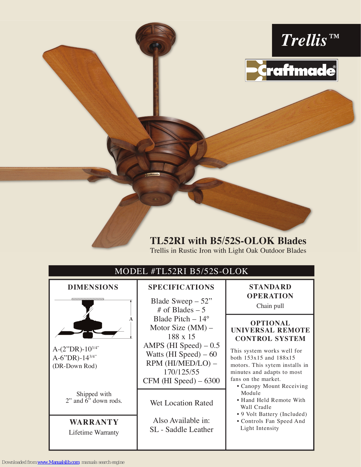 Craftmade TL52, Trellis TL52RI Specifications - ManualMachine.com