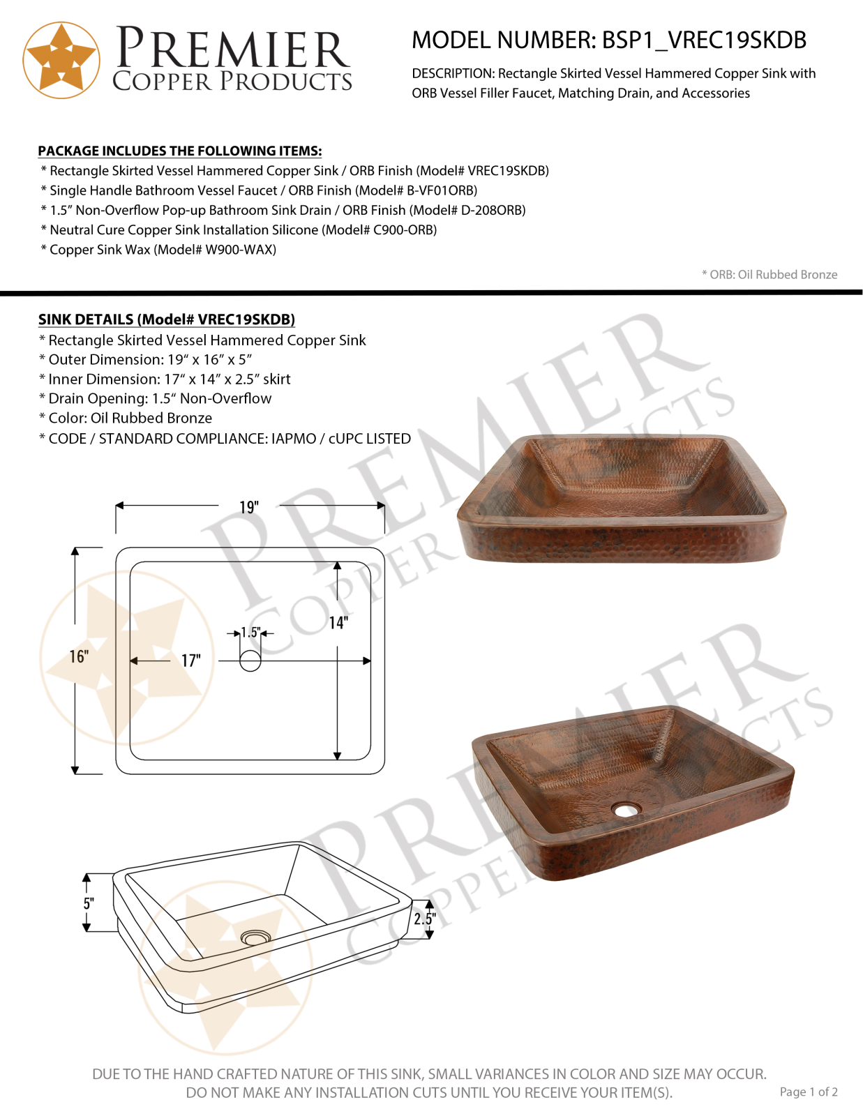 Premier Copper Products IER1439 Specifications - ManualMachine.com