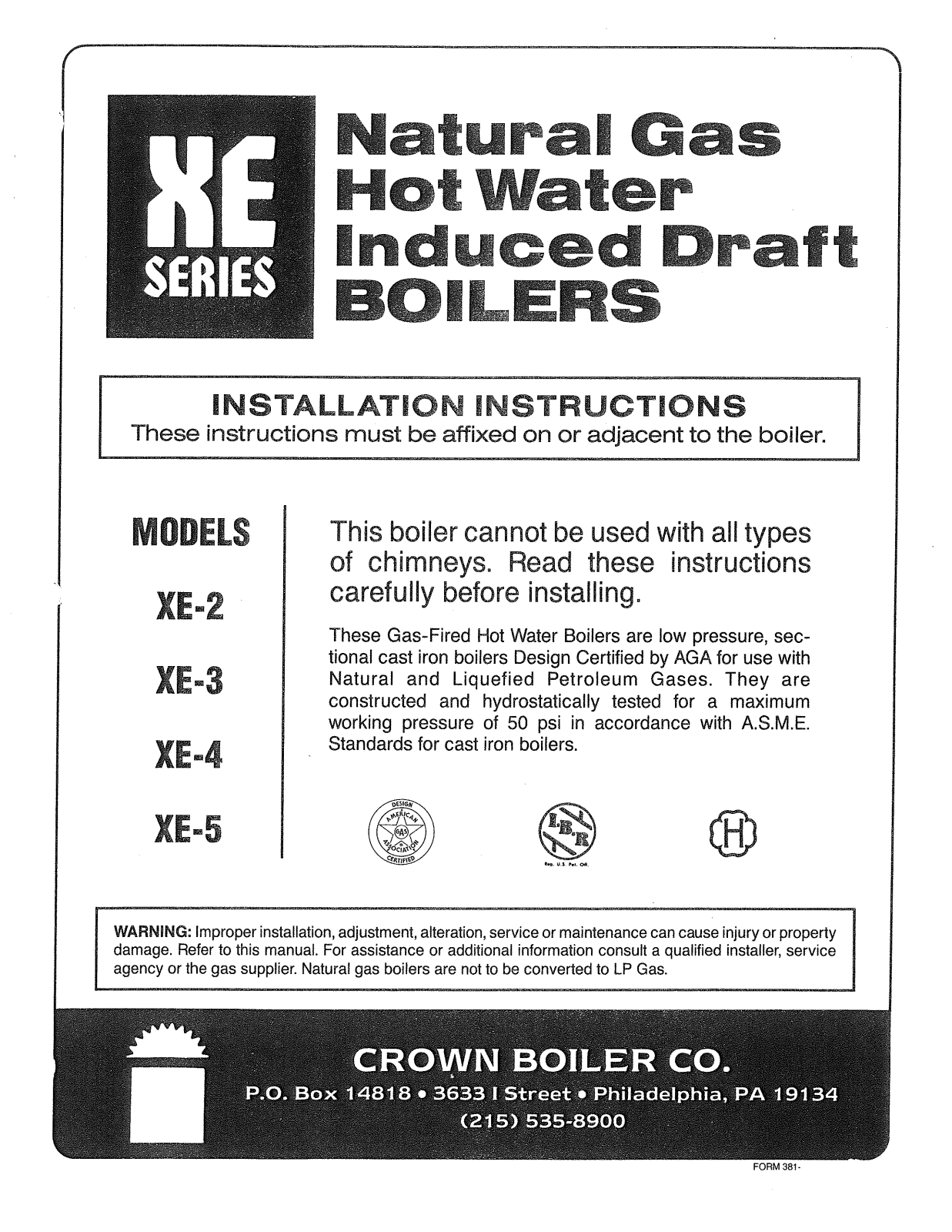 Crown Boiler XE-5, XE-4, XE-3, XE-2 User Manual