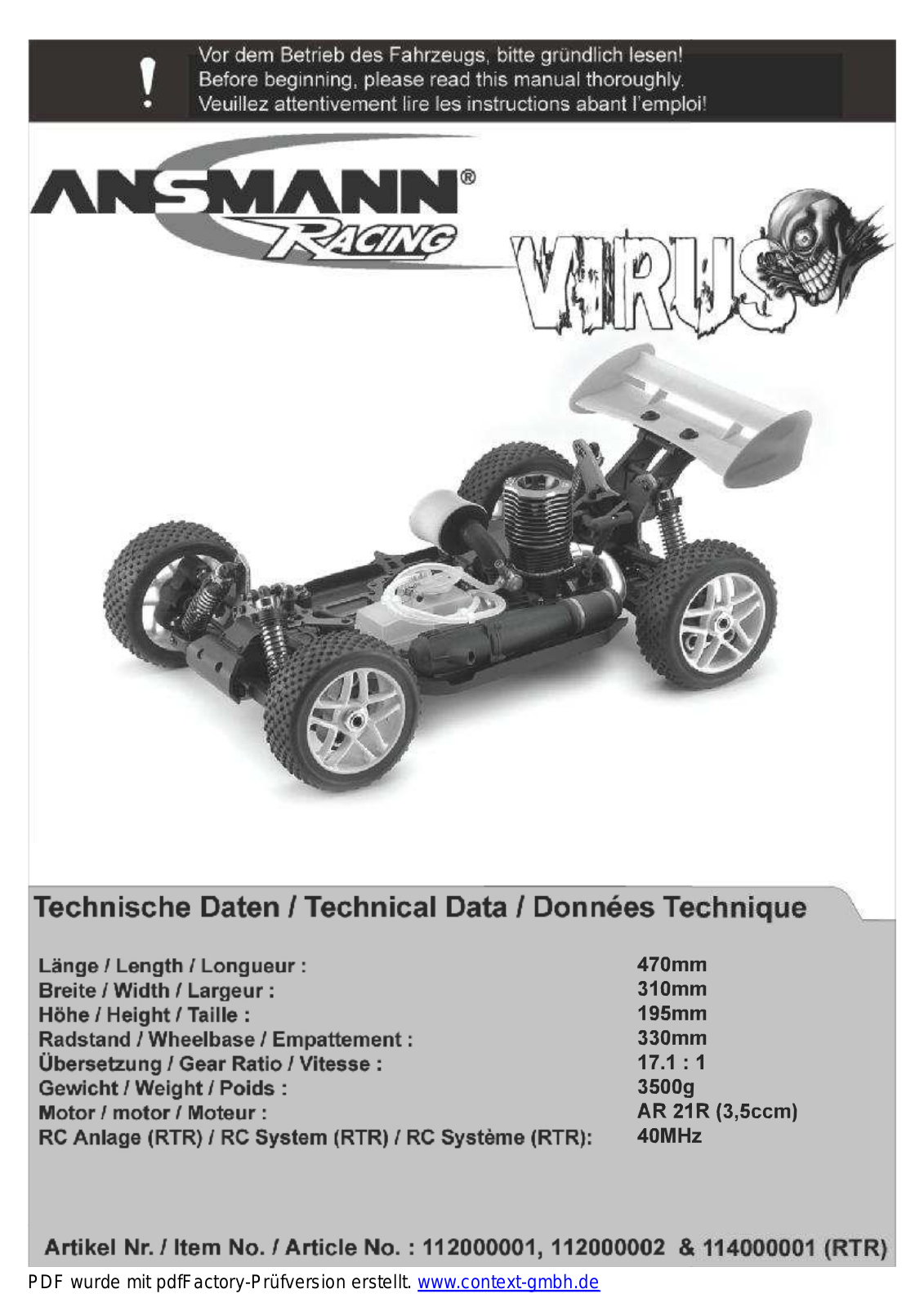 Ansmann Racing 112000001, 112000002, 114000001, Virus User guide