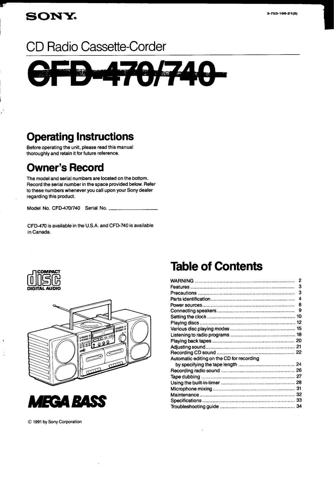 Sony CFD-740 Owner Manual