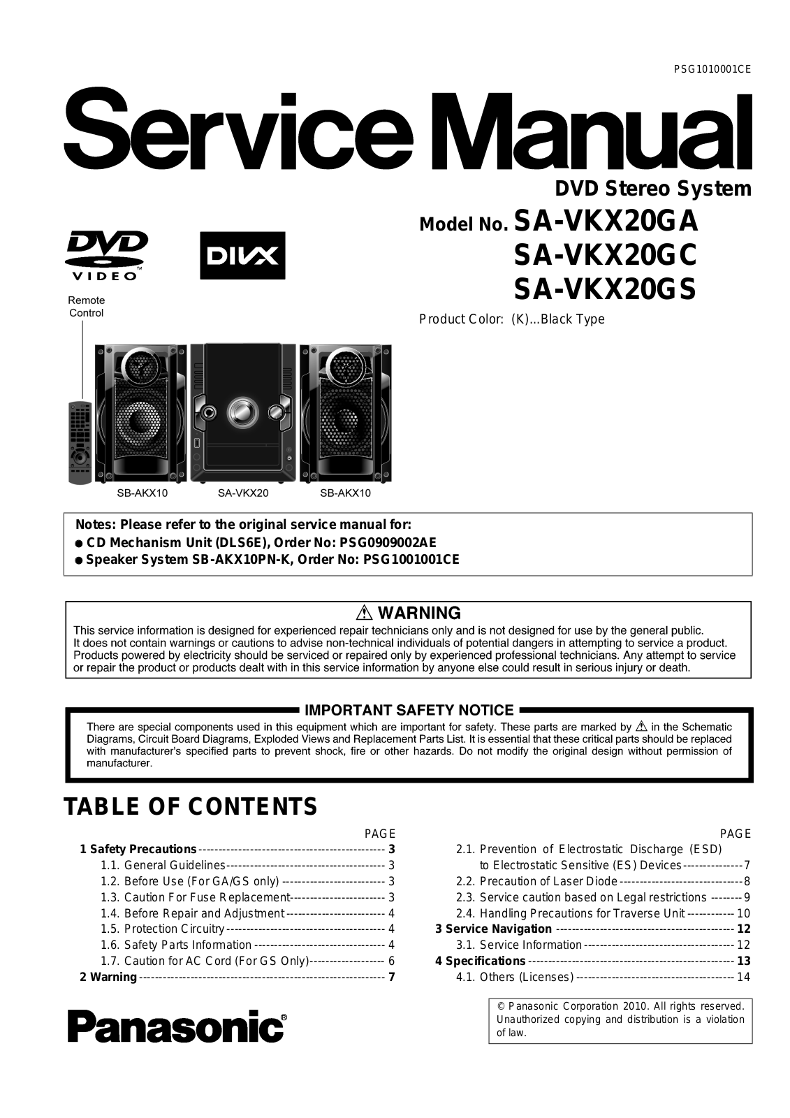 Panasonic SA-VKX20 Service manual