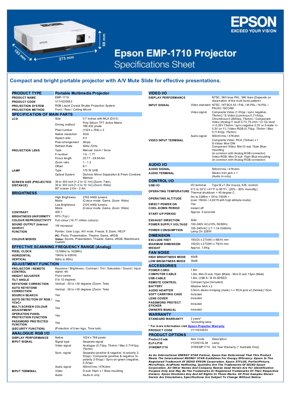 Epson 1710 Product Sheet