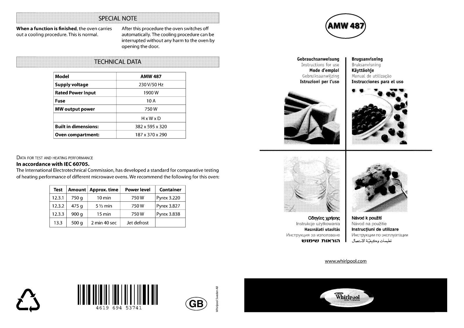 Whirlpool AMW 487 WH, AMW 487 IX, AMW 487 NB INSTRUCTION FOR USE