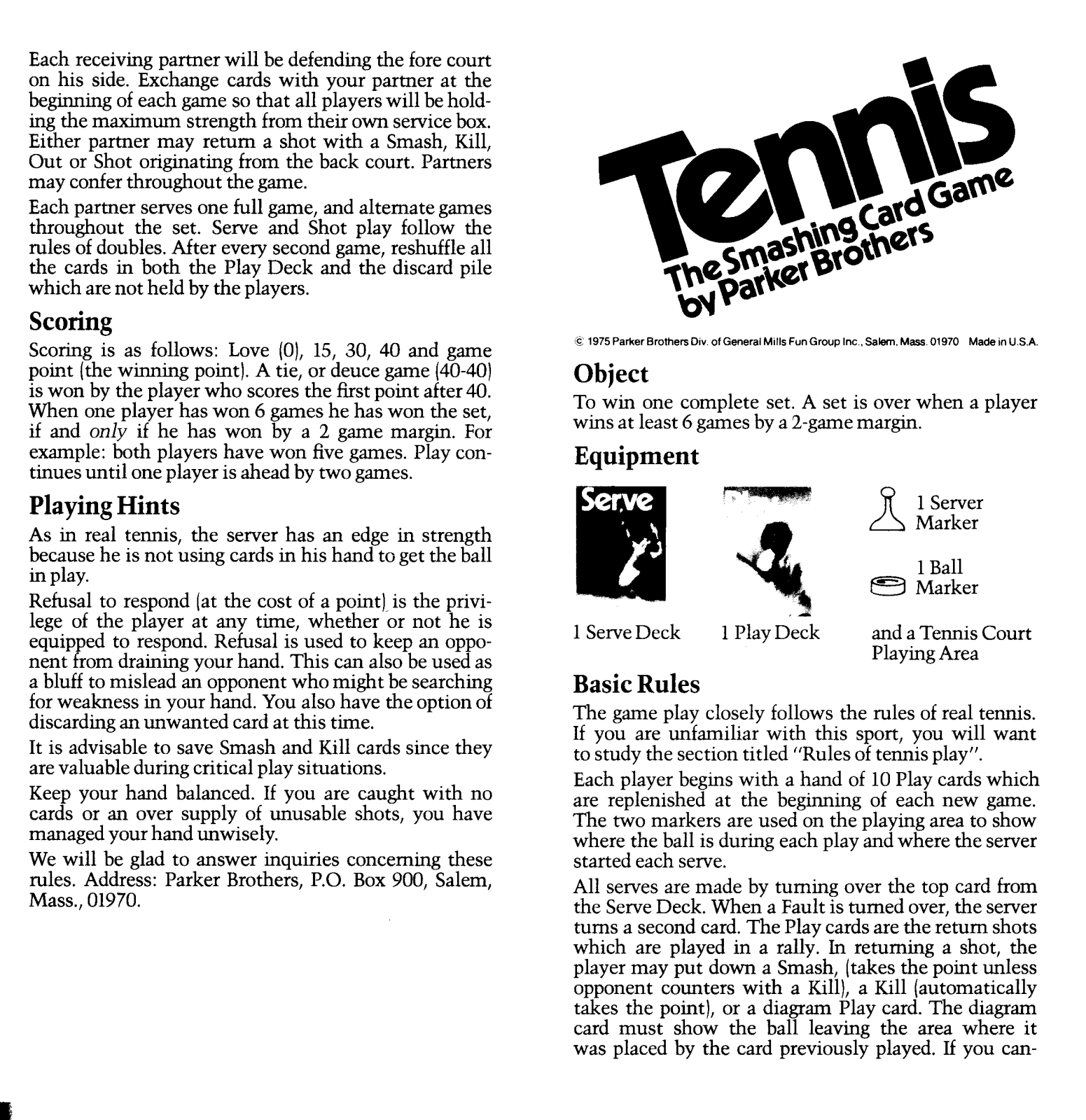 Hasbro TENNIS User Manual