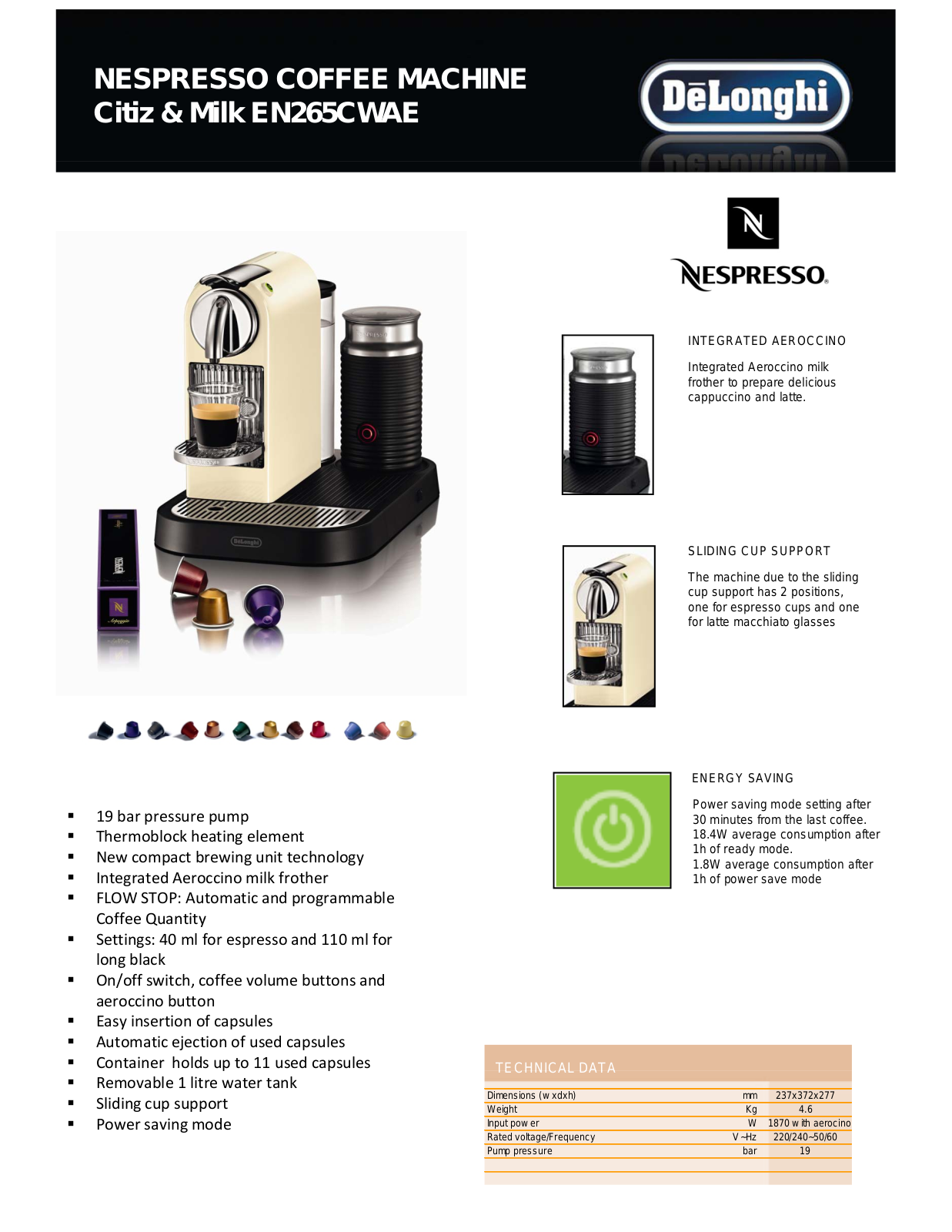 Delonghi EN265CWAE Product Sheet