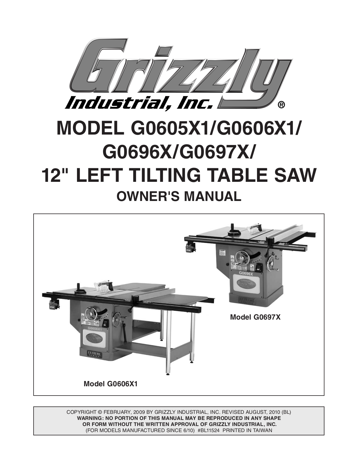 Grizzly G0606X1, G0696X, G0605X1, G0697X User Manual