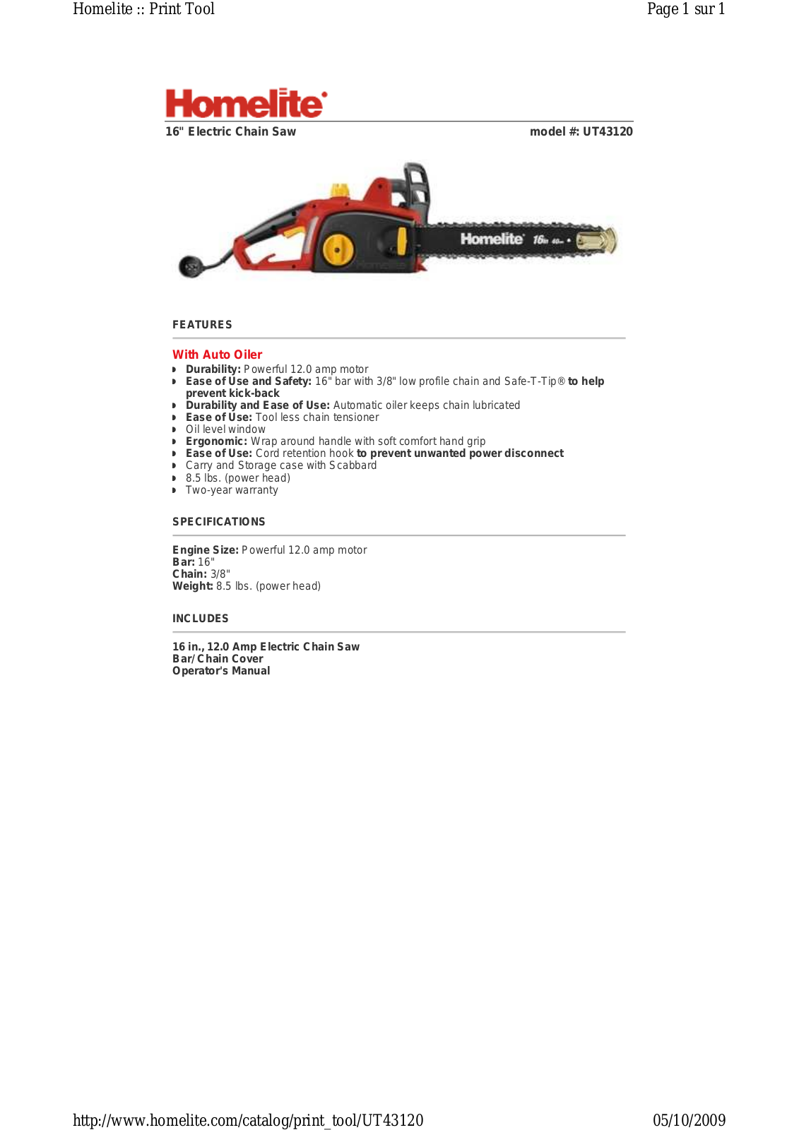 Homelite UT43120 SPECIFICATIONS