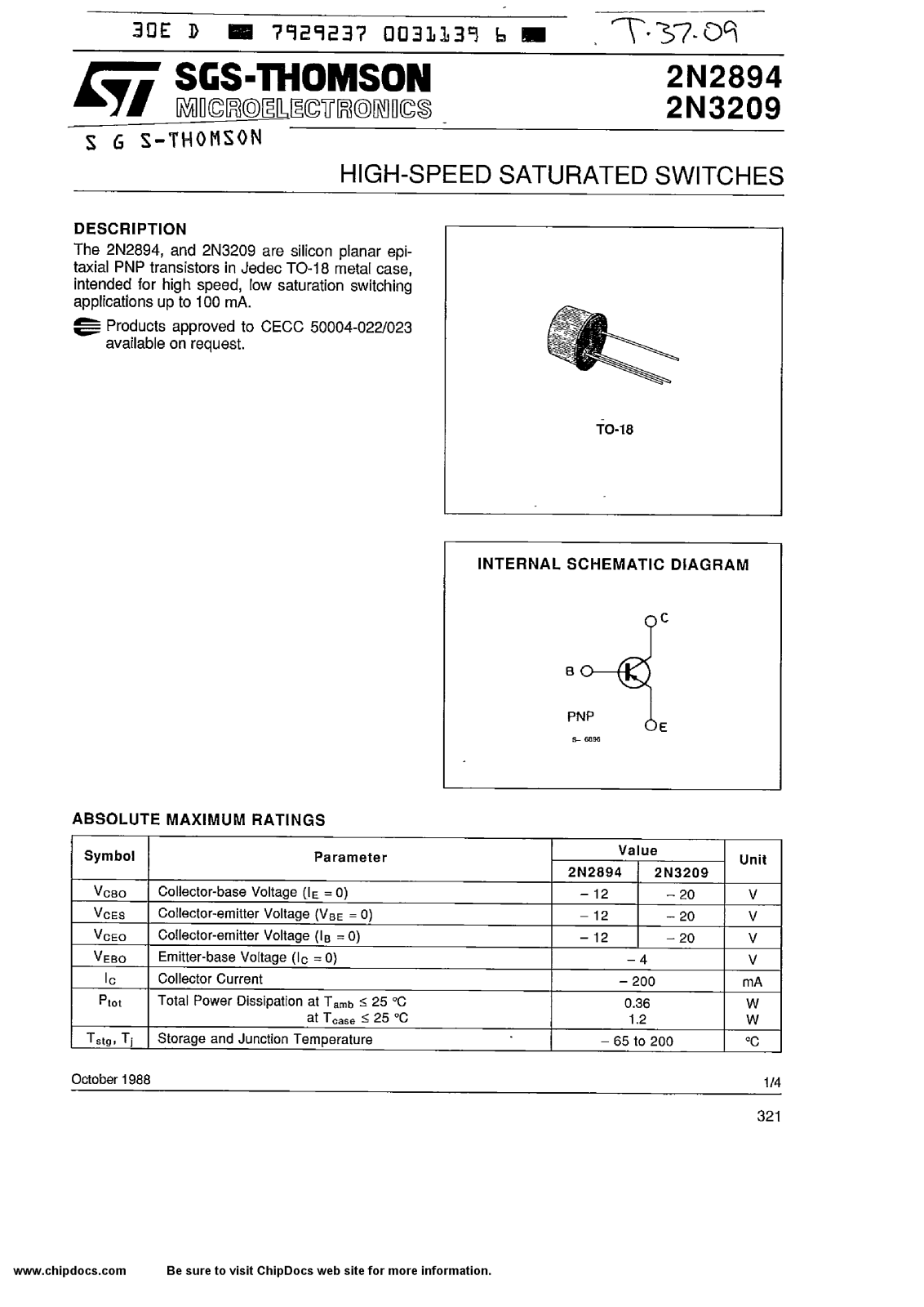 SGS Thomson Microelectronics 2N3209, 2N2894 Datasheet