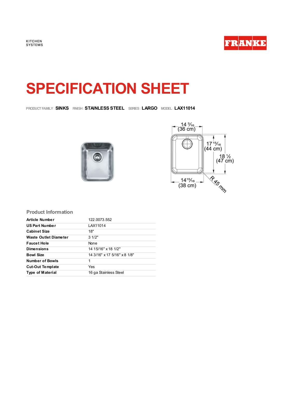 Franke Foodservice LAX11014 User Manual